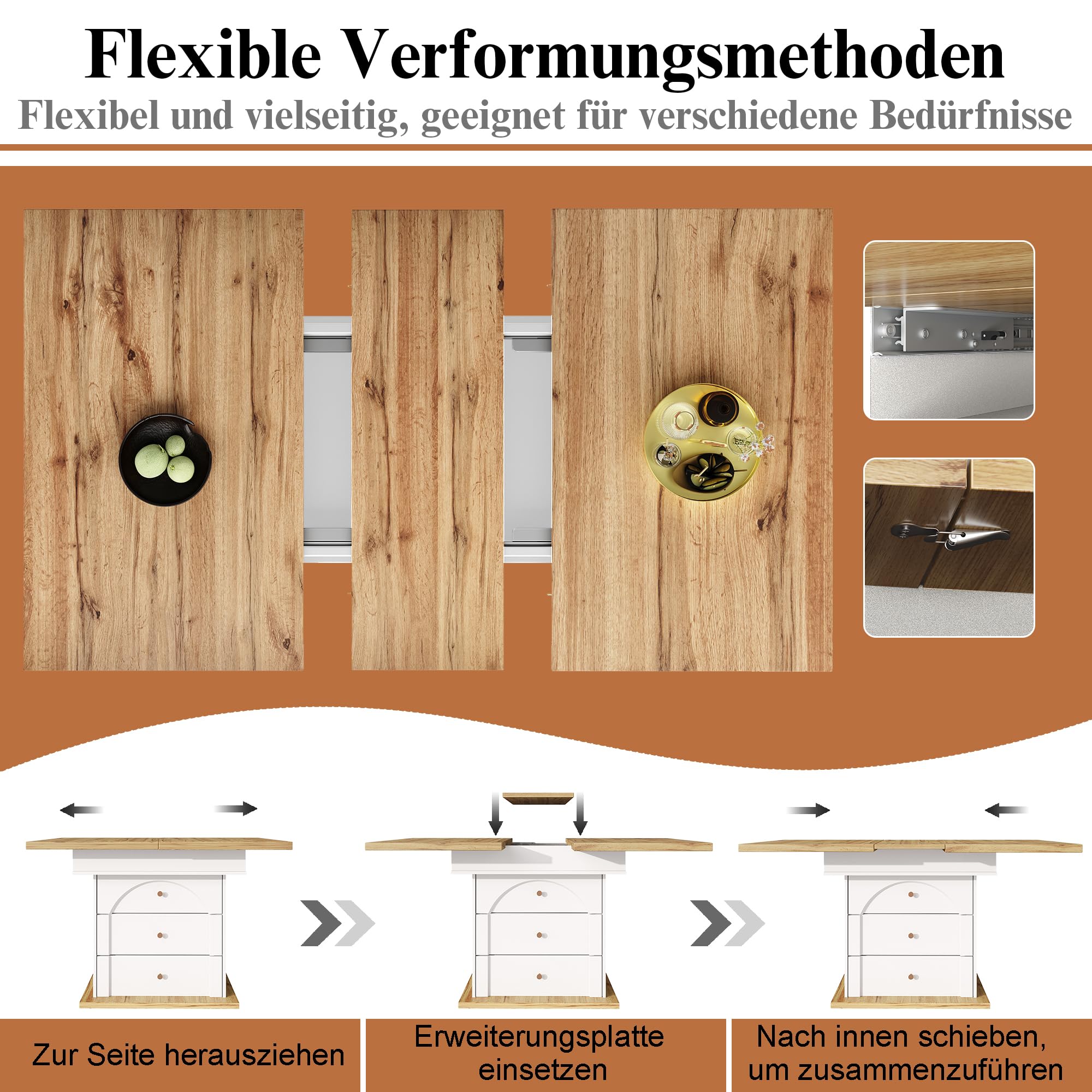 Merax Esstisch Ausziehbar, Esszimmertisch Küchentisch mit ausziehbare Tischplatte, Schubladen und Klapptüren, Säulentisch rechteckig, Teleskoptisch für 4-6 Personen, 110-140x80 cm, Holzoptik & Weiß