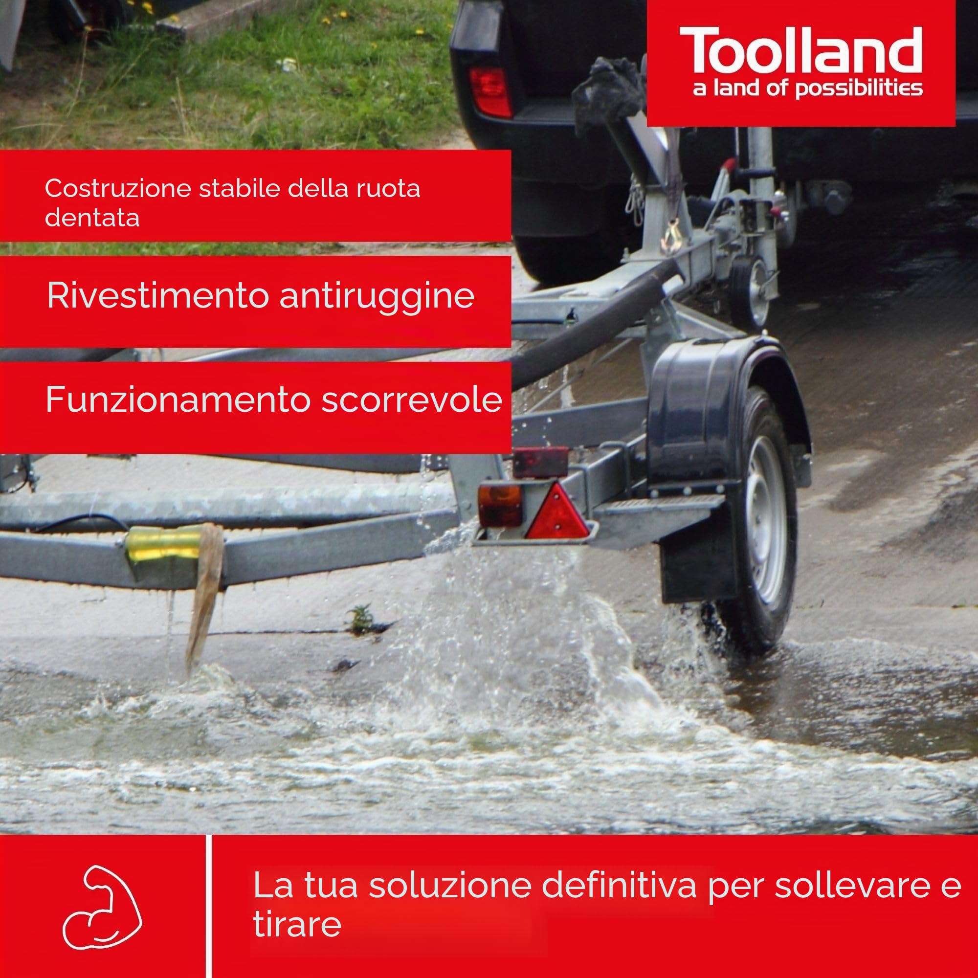Toolland Argano manuale 250 kg acciaio inox con cricchetto e cavo, rapporto 3.1:1, argano da rimorchio nero con manovella ergonomica, ideale per barca, rimorchio e sollevamento