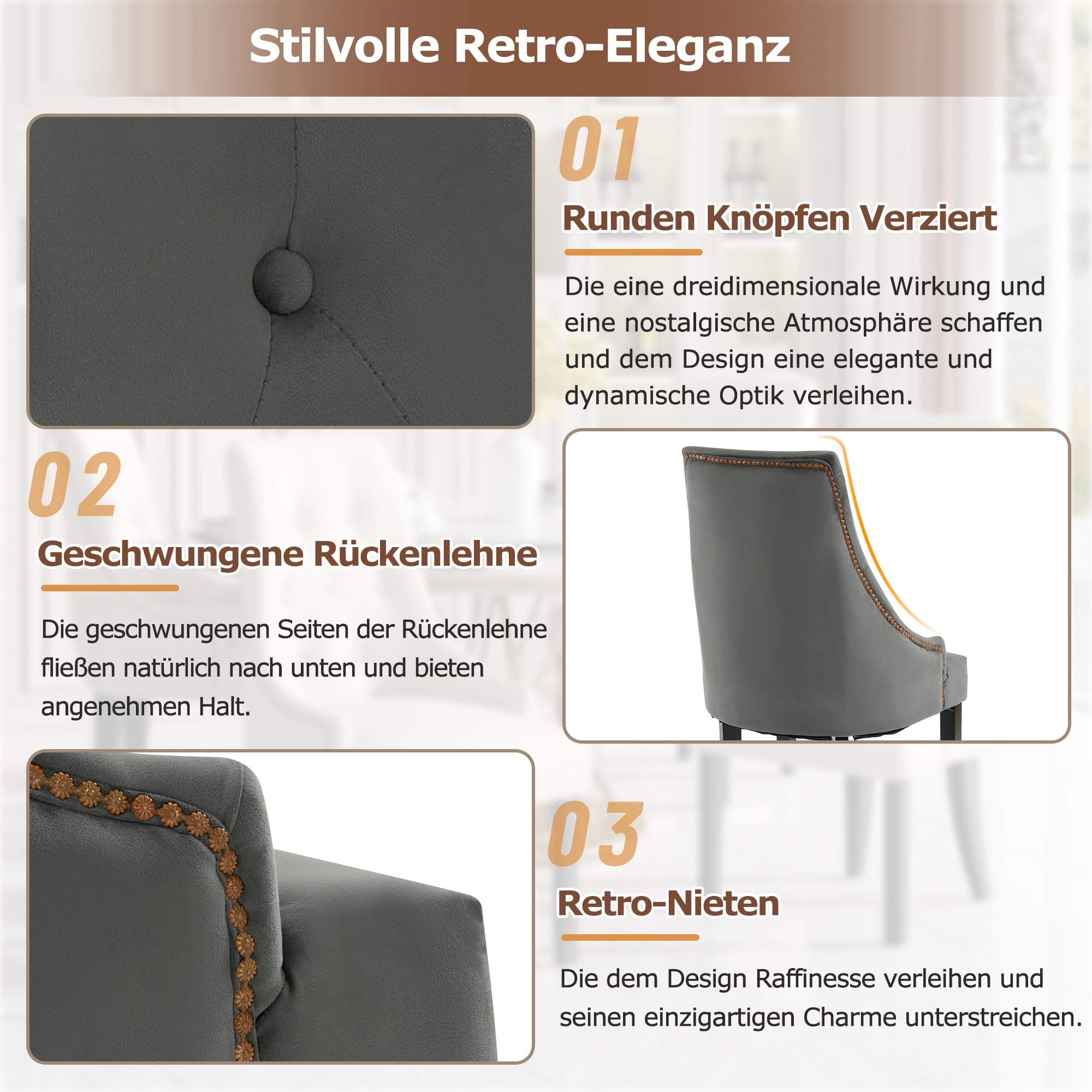4 sedie eleganti retrò con bottoni rotondi e rivetti, tessuto di velluto e gambe in legno di gomma (grigio)