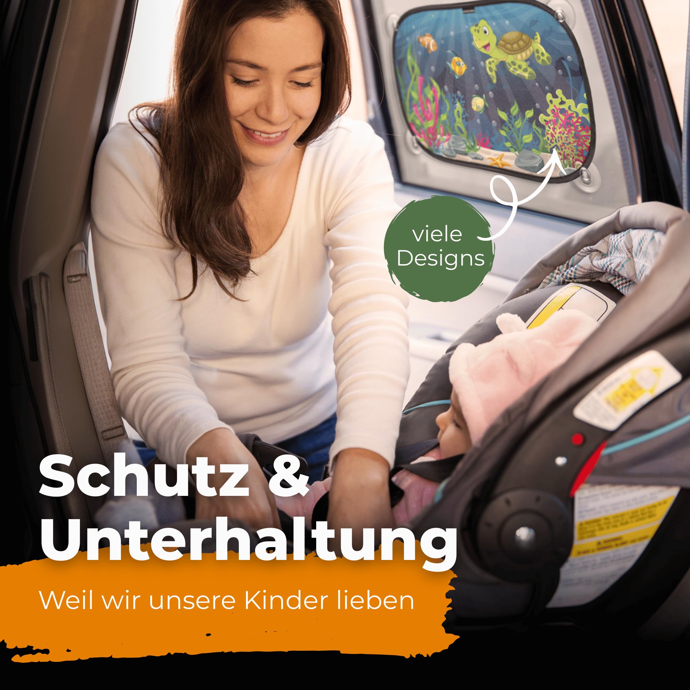 CARAMAZ Sonnenschutz Auto Baby mit zertifiziertem UV Schutz, universell passend 48 x 30 cm, 2 Stück Sonnenblende, mit Saugnäpfen, Motiv: Grün-Turtle - 5