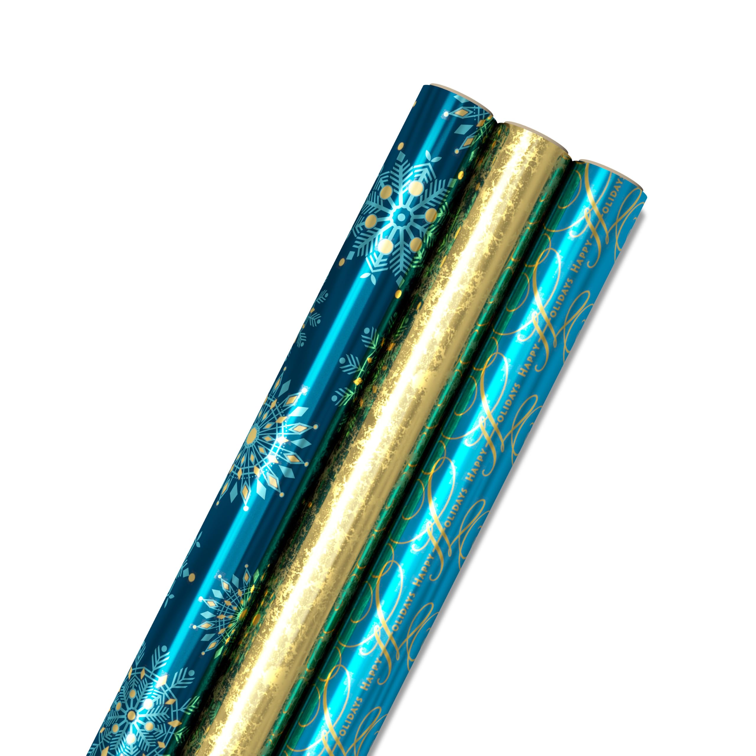 Hallmark Blue Foil Holiday Paper with Cut Lines on Reverse (3 Rolls: 60 sq. ft. TTL) Gift Wrap, Tri-Pack, Navy and Gold — image 1