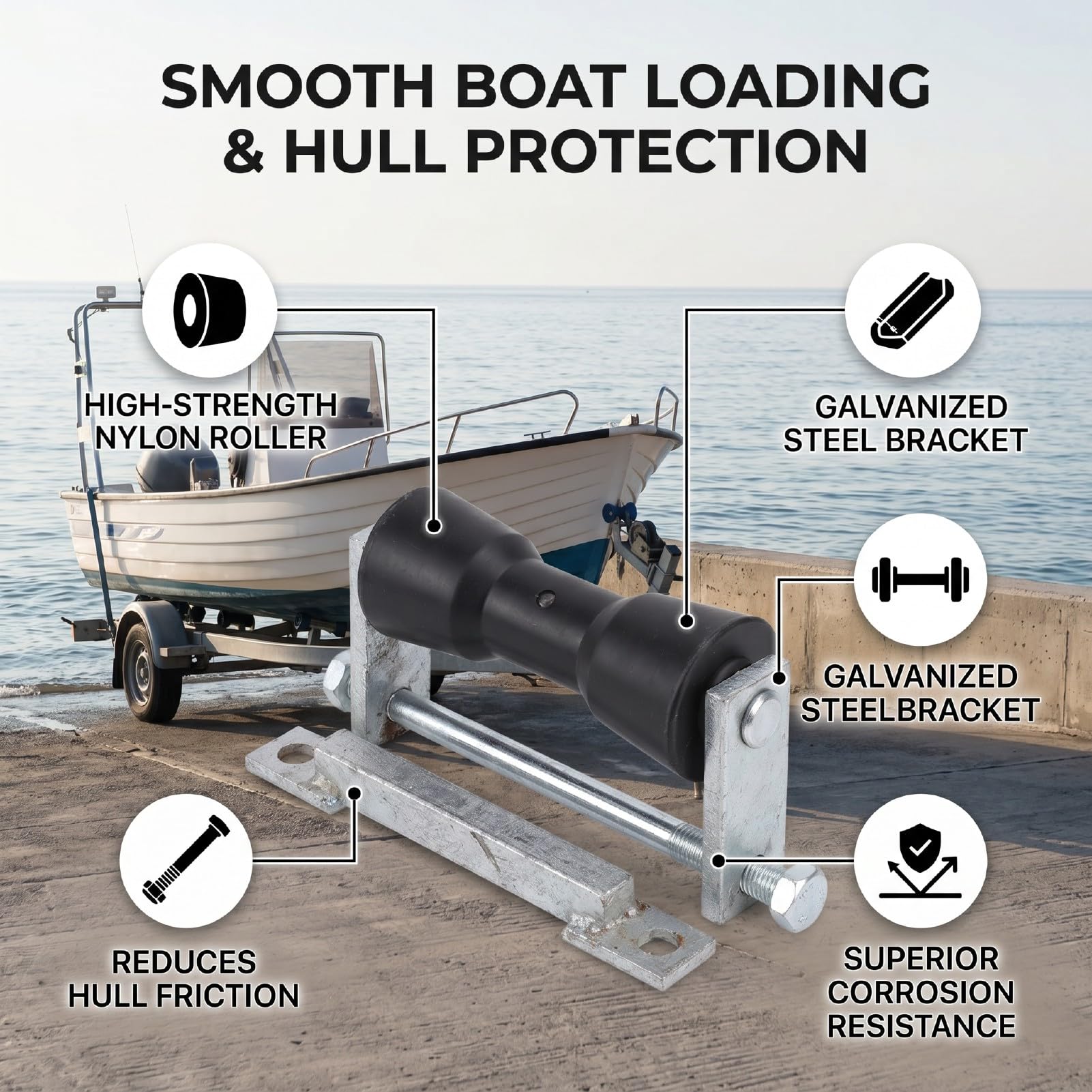 Rullo di Chiglia per Rimorchio Barca, Rullo Protettivo per Varo Imbarcazione 190 Mm, for Lancio e Protezione dell Imbarcazione | Supporto per rullo di prua in nylon e acciaio zincato per yacht e barche