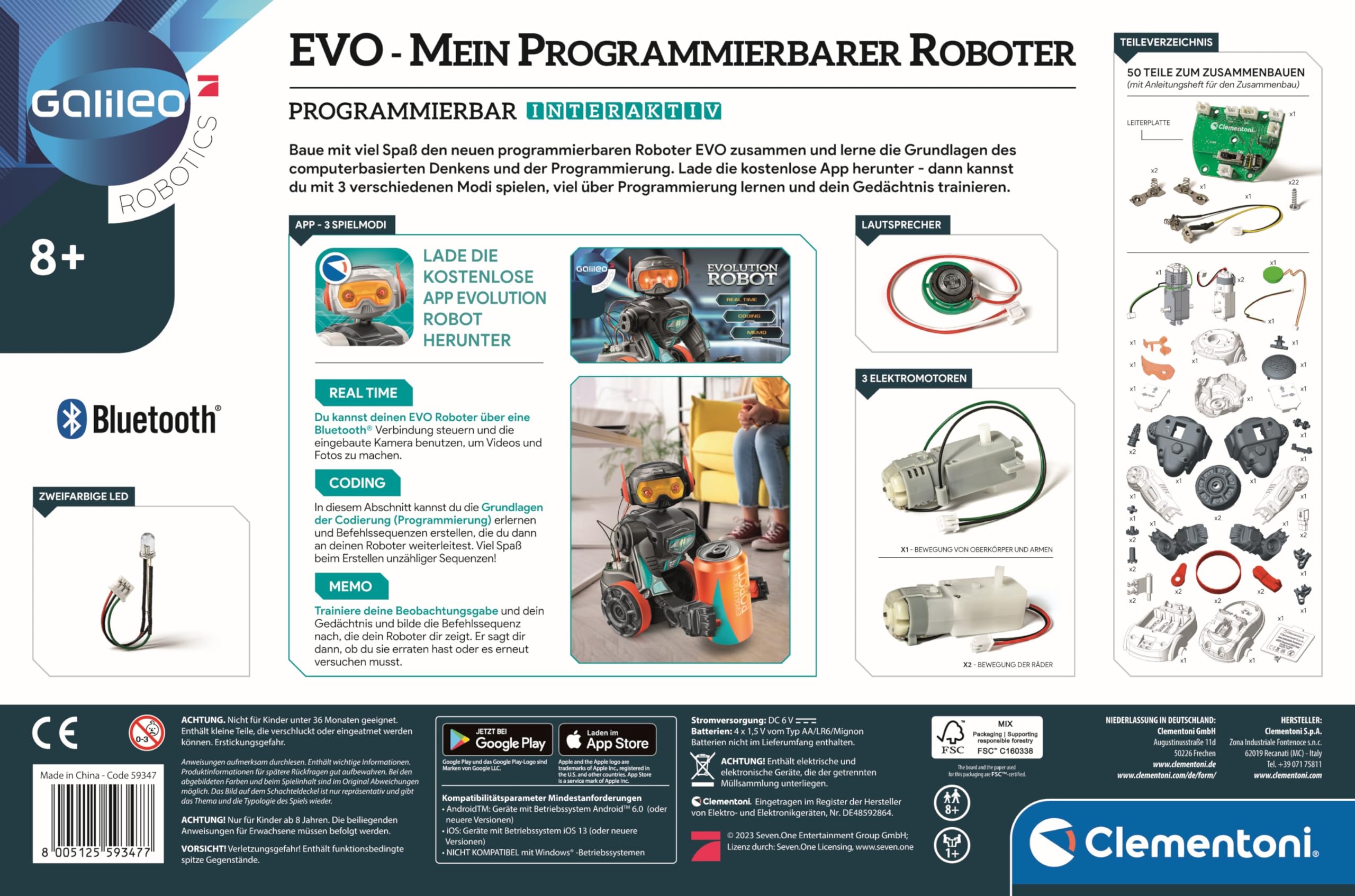 Clementoni Galileo Robotics EVO Roboter - Programmierbarer Spielzeug-Roboter, Bausatz mit 50 Teilen für Kinder ab 8 Jahren - Elektronik & Robotik, 59347