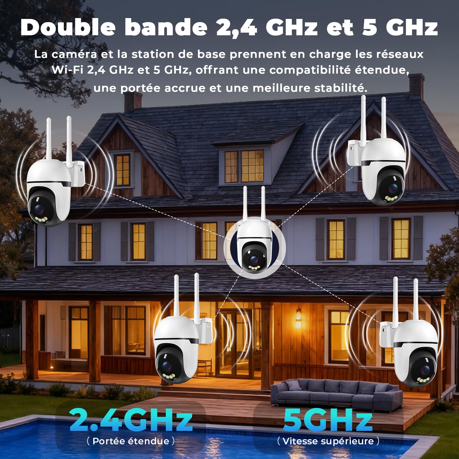 WESECUU 2K Caméra Surveillance WiFi Extérieure, Suivi Auto 360° Caméra IP Compatible avec 2.4Ghz/5Ghz, Vision Nocturne Couleur, Détection Humaine, Audio Bidirectionnel, Enregistrement 24H