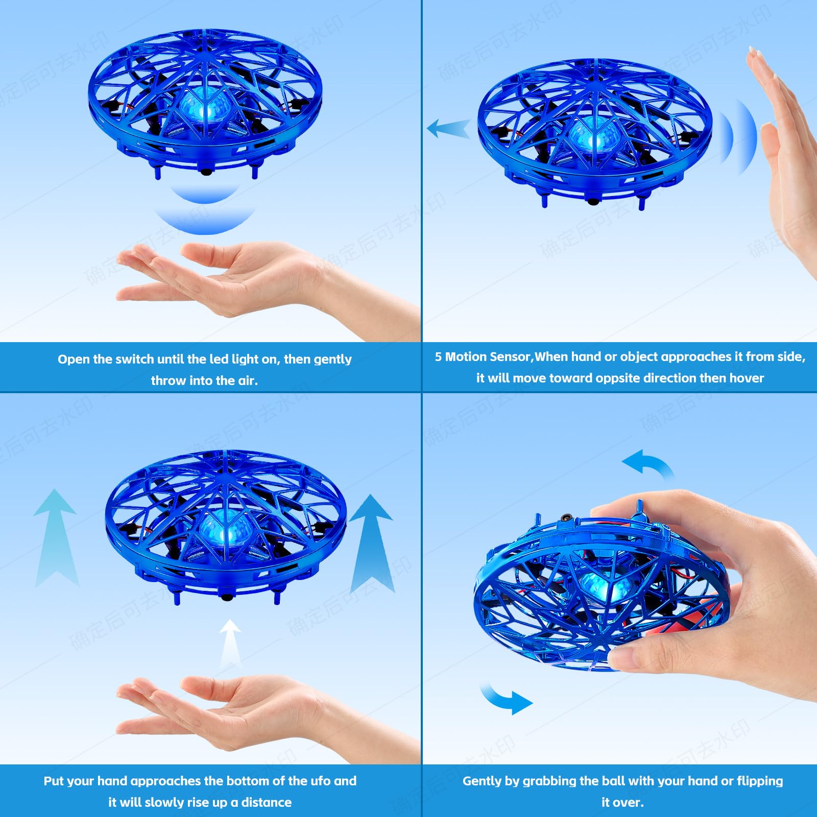Drone UFO Per Bambini, Mini Drone A Rilevamento Infrarosso Con Luce LED, Giocattolo Fluttuante Rotante A 360°, Adatto Per Interni Ed Esterni Per Ragazzi E Ragazze Dai 6 Ai 14 Anni (Blu)