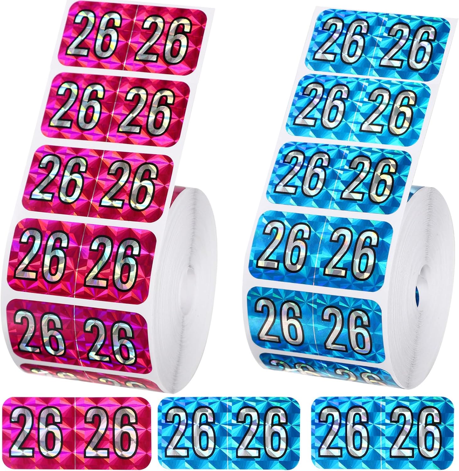 1000pcs/ 2 Rolls 2026 Year Labels, 1.5x0.75 Inch File Folder Stickers Color Coded Number Labels for Office Supplies (Holographic Rose Red& Blue)