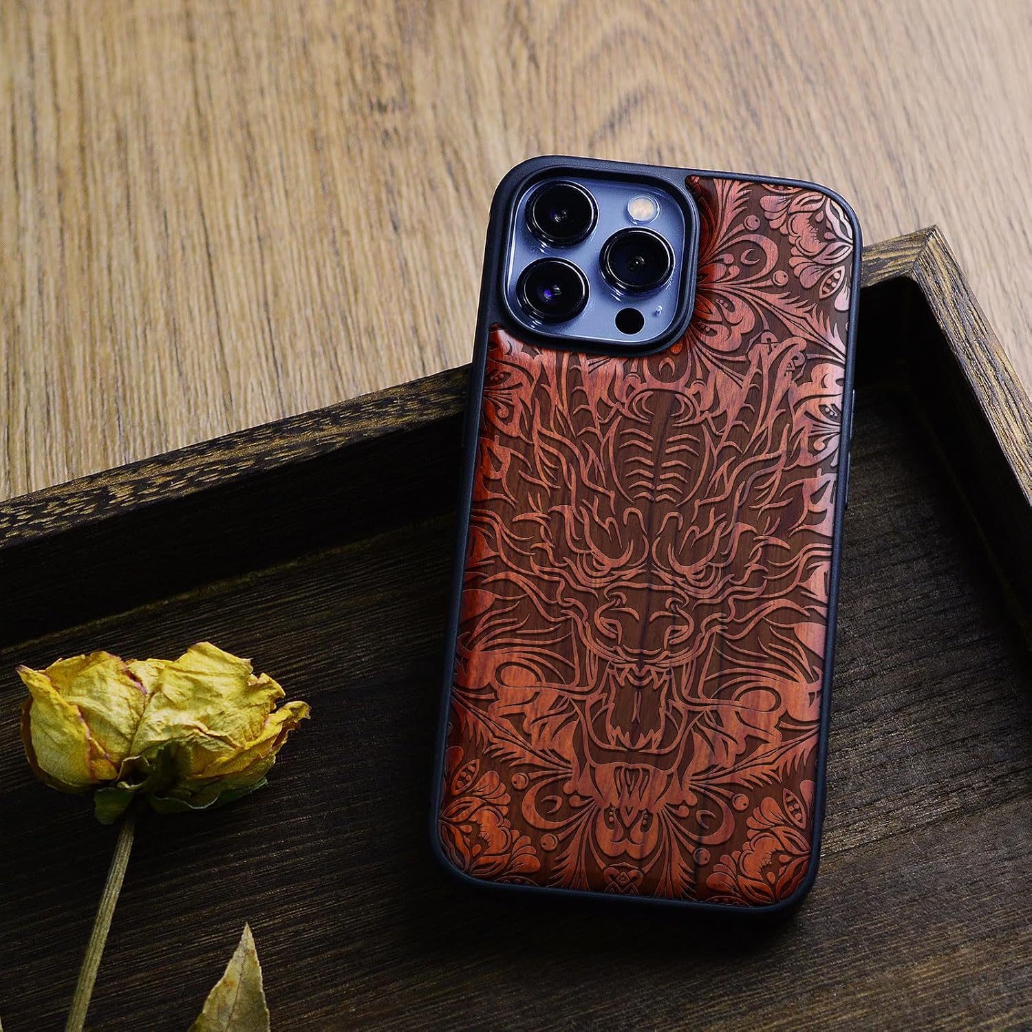 Carveit Magnetic Wood Case for iPhone 13 Pro Max [Hard Real Wood & Soft TPU] Unique & Classy Wooden Shockproof Hybrid Protective Cover Compatible with MagSafe (Dragon's Aura -Rosy)