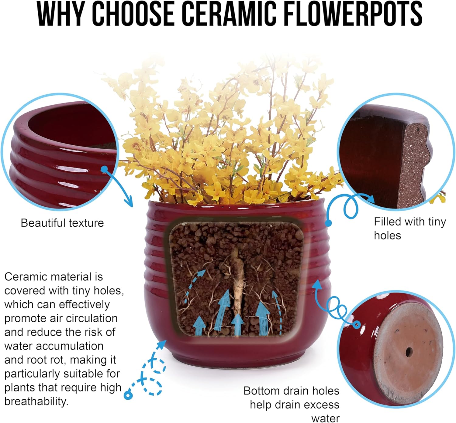 Ceramic Planters Set of 3, 15/11/8 Inch Indoor & Outdoor Large Plant Pots with Drainage Hole, Handmade Glaze Decorative Flower Pots for Indoor Plants, Horizontal Ribbed Texture, Deep Red