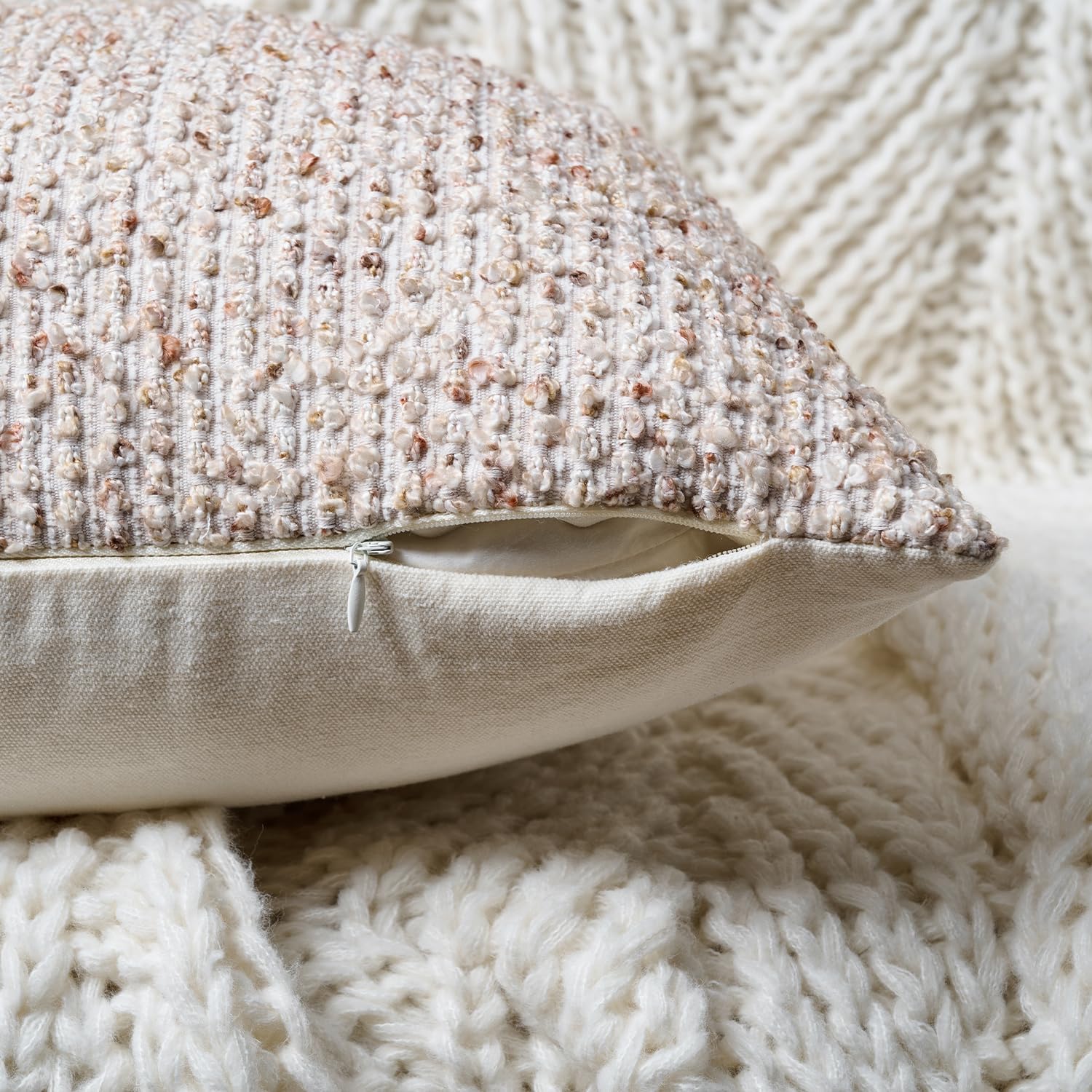 Striped Throw Pillow Covers 18x18 Set of 2 Beige Textured Boucle Chic Morden Boho Accent Farmhouse Square Decorative Couch Pillow Covers for Home Decor Bed Sofa Living Room