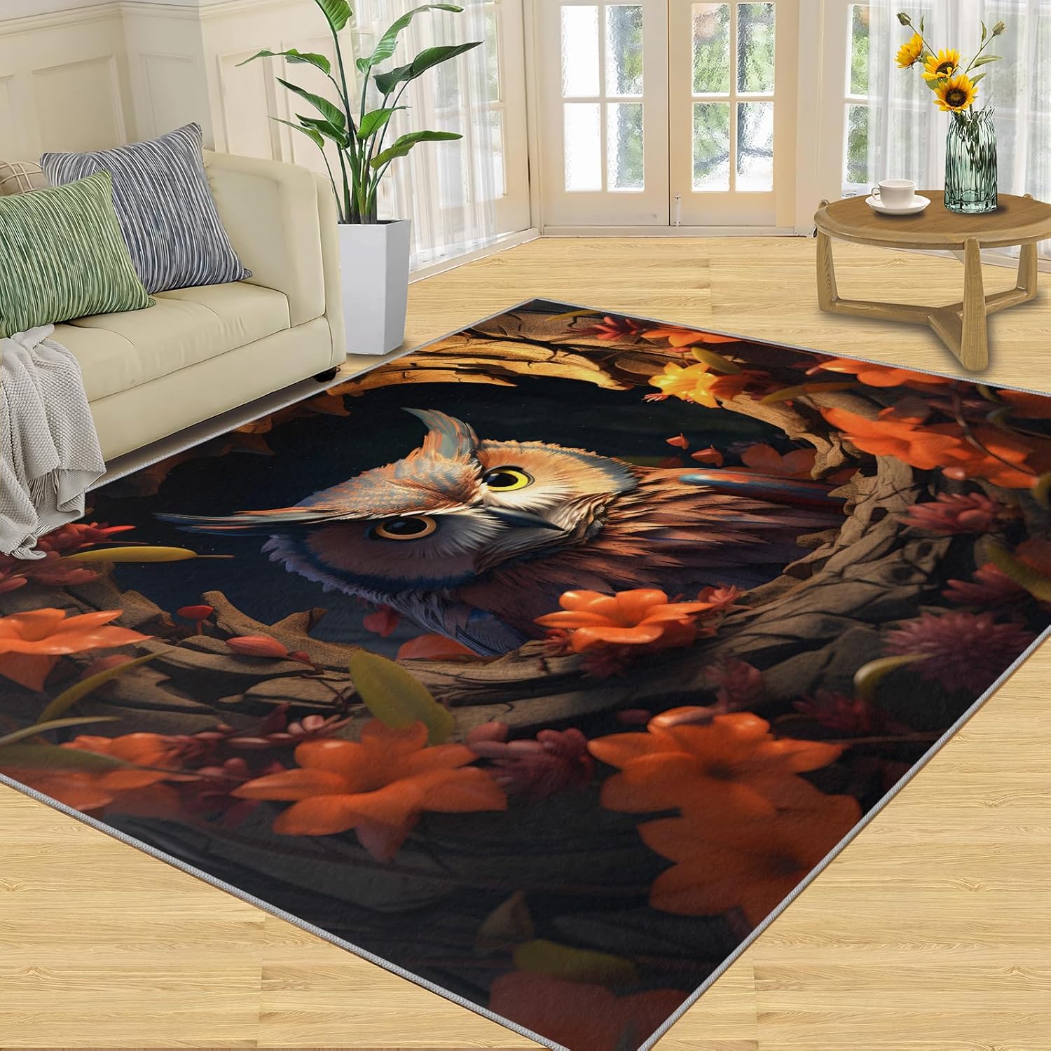 2x3 Rug - Autumn Flower Owl Doormat Outdoor Entrance, Forest Animals Laundry Room Carpet Non Slip Accent Throw Rugs for Bathroom Kitchen Sink Front Door