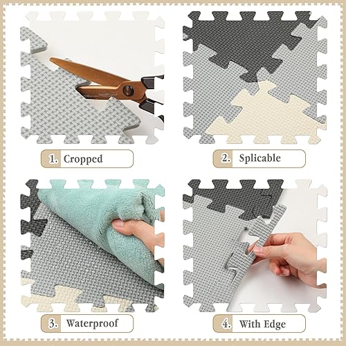 Miniatura 3 de Nuanchu Juego de 60 piezas de rompecabezas de espuma para niños, tapete de juego de espuma de color sólido con bordes entrelazados, alfombra de