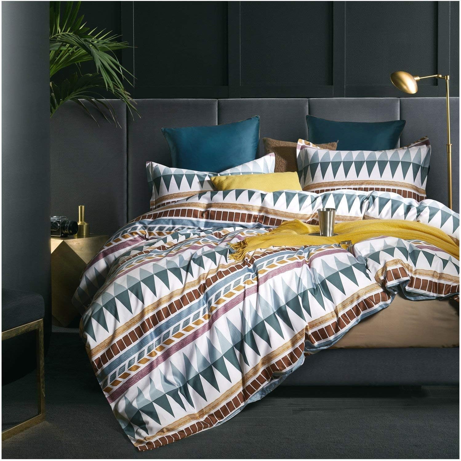 Eikei Bohemian Duvet Cover Striped Ethnic Boho Reversible Southwestern 400TC Cotton Bedding 3pc Set Navy White Orange Modern Geo Aztec Print 120x98 (Teal Rust, Super King)
