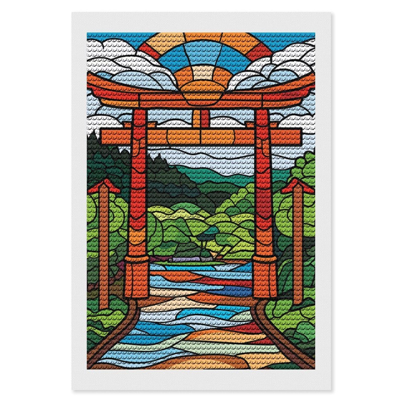 Junmoney Stained Glass Torii Gate Landscape Diamond Art Canvas 8"x12", Decorate Your Room, Mindful Craft Activity, Cosy Home Accent, Thoughtful Handmade Gift