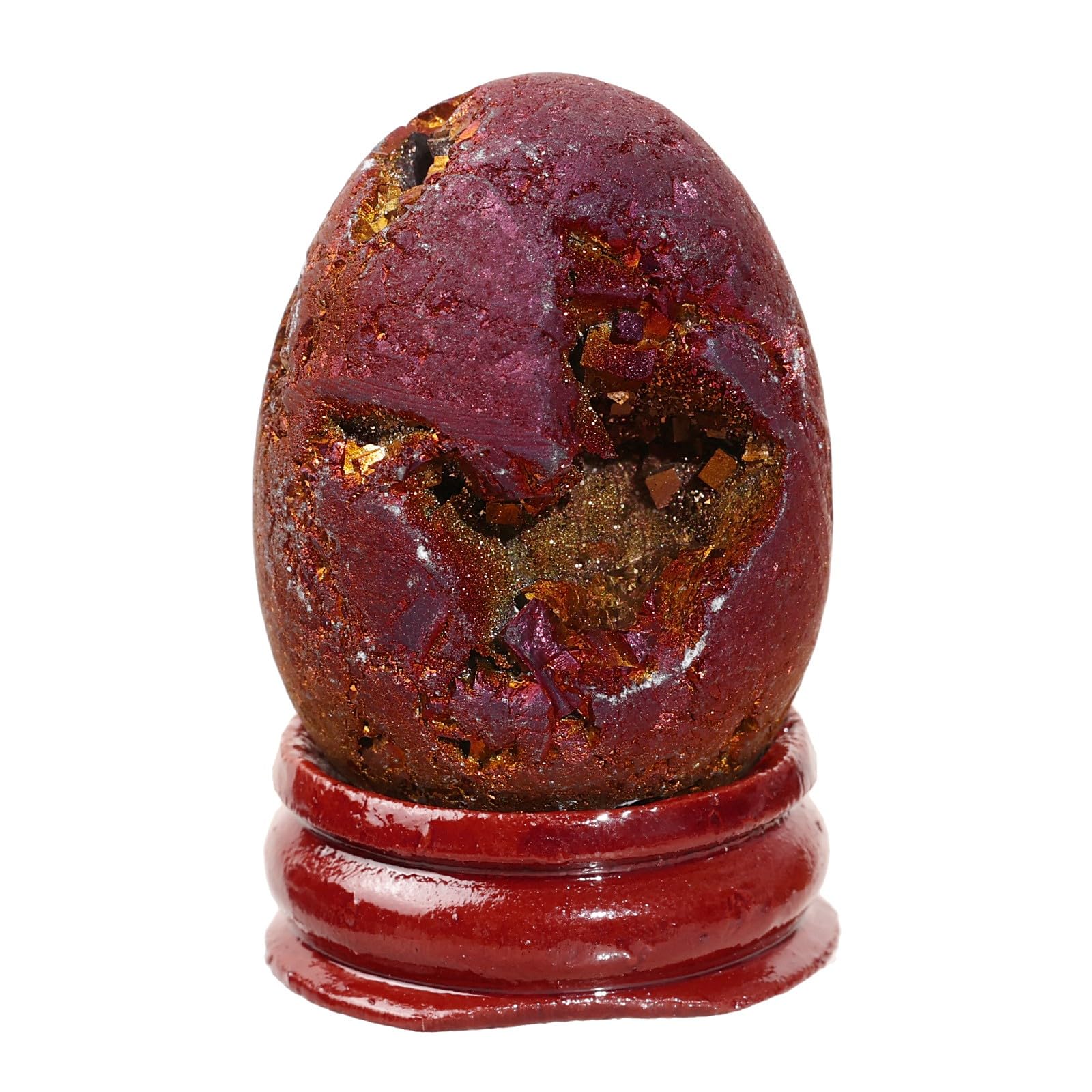 dssmboom Titanium Coated Druzy Agate Crystal Egg Specimen with Wooden Base, Healing Stone Egg Shape Geode Figurine for Home Decoration, Purple