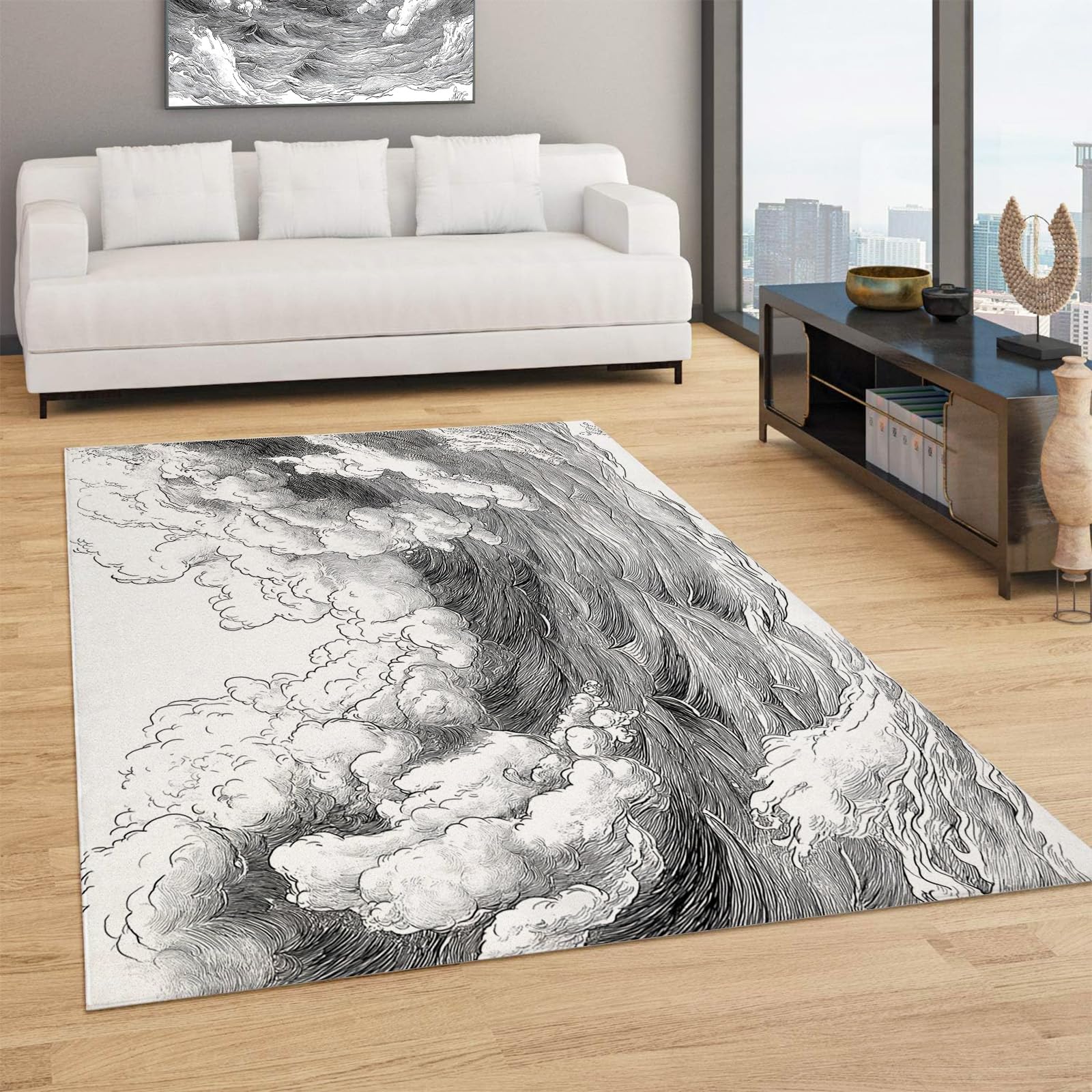 Tapis poils ras gris motif vagues 150x210 cm lavable et antidérapant pour le salon