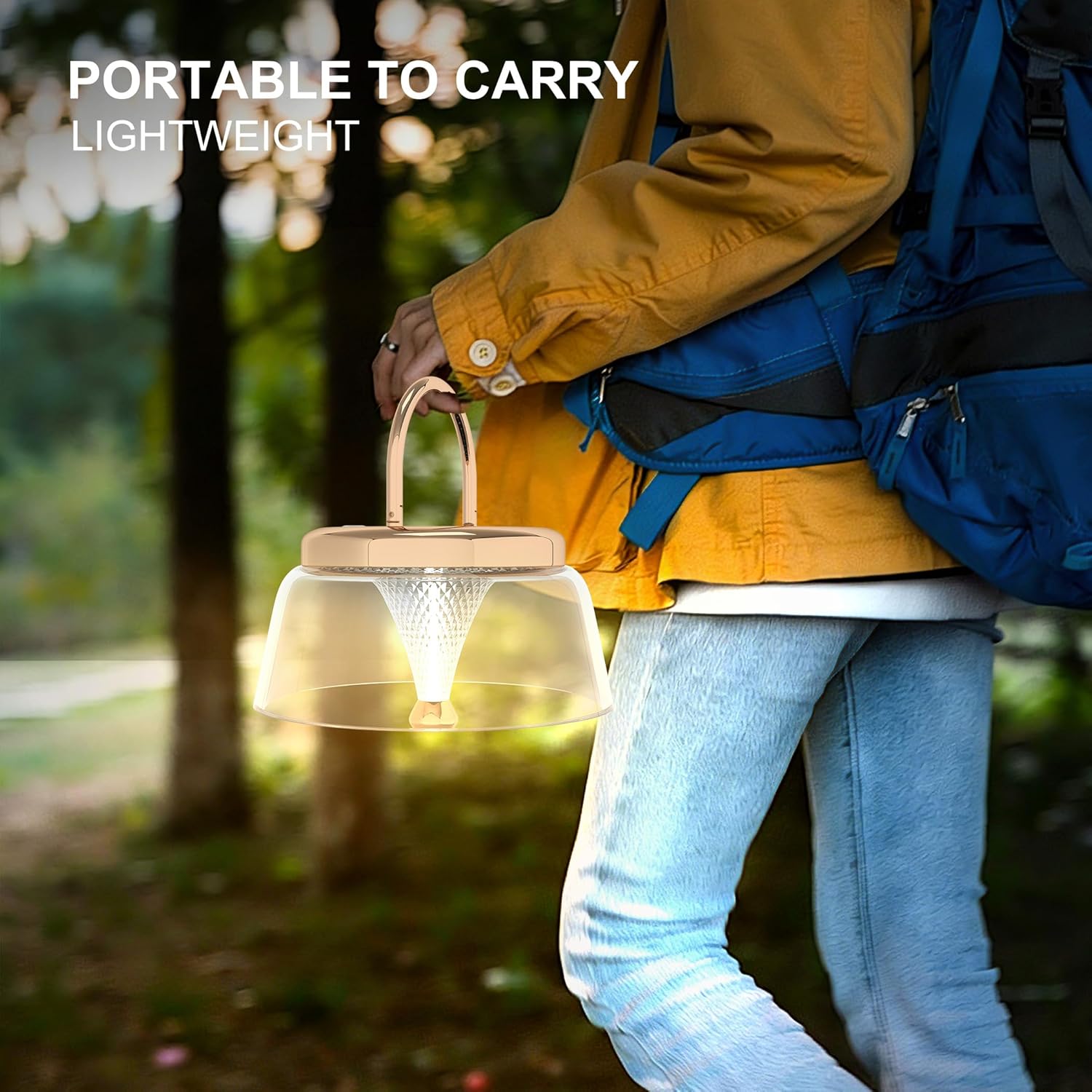 Solar Camping Lantern, 360°COB LED Camping Light Rechargeable with Solar&Type-C, IP65 Waterproof Tent Lights with Hook&Tripod Base, Bright Outdoor Hanging Lamp for Fishing, Power Outage(Gold)
