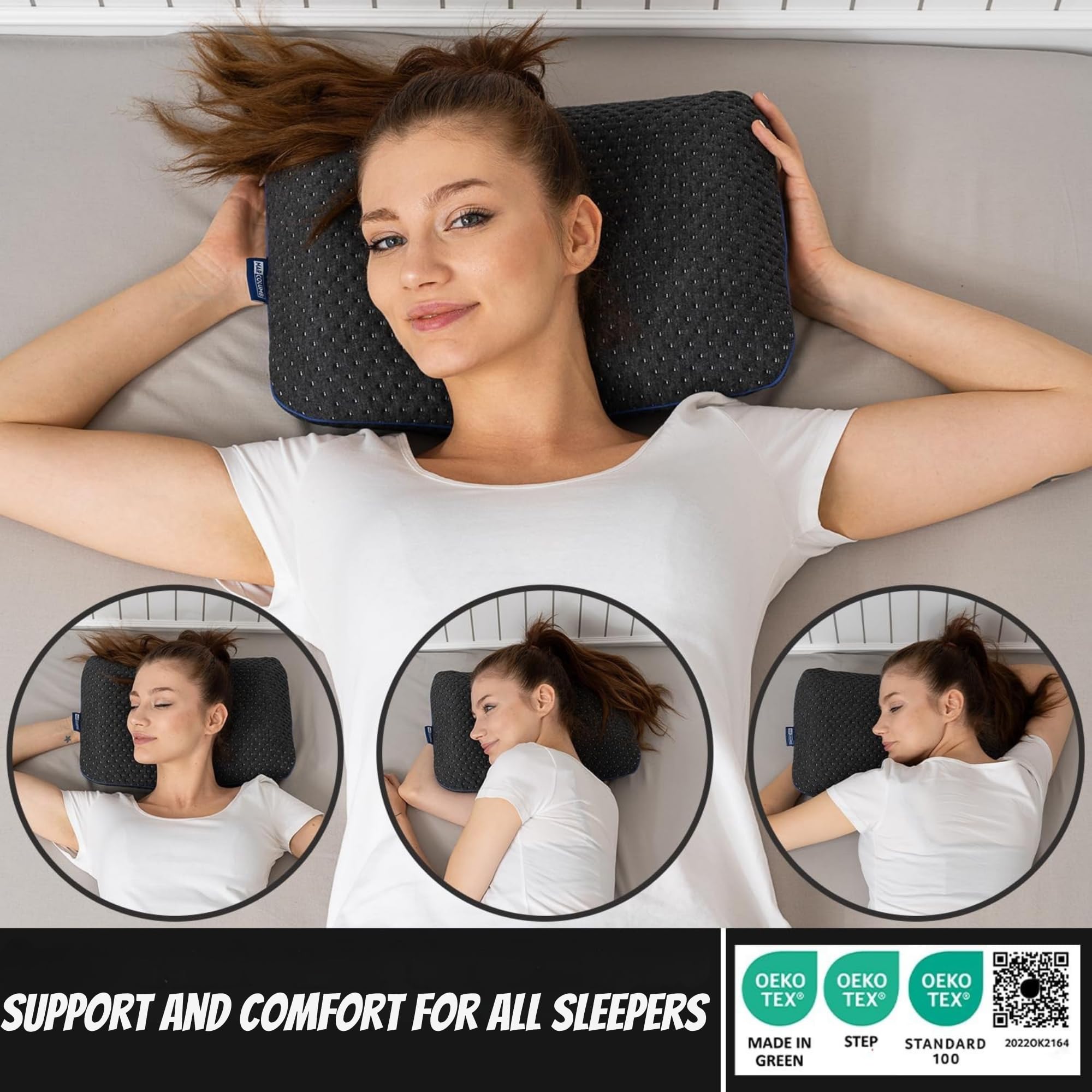 Cuscino da viaggio – Supporto ergonomico per il collo da campeggio in memory foam con federa termoregolante – Borsa da viaggio impermeabile inclusa (Nero)