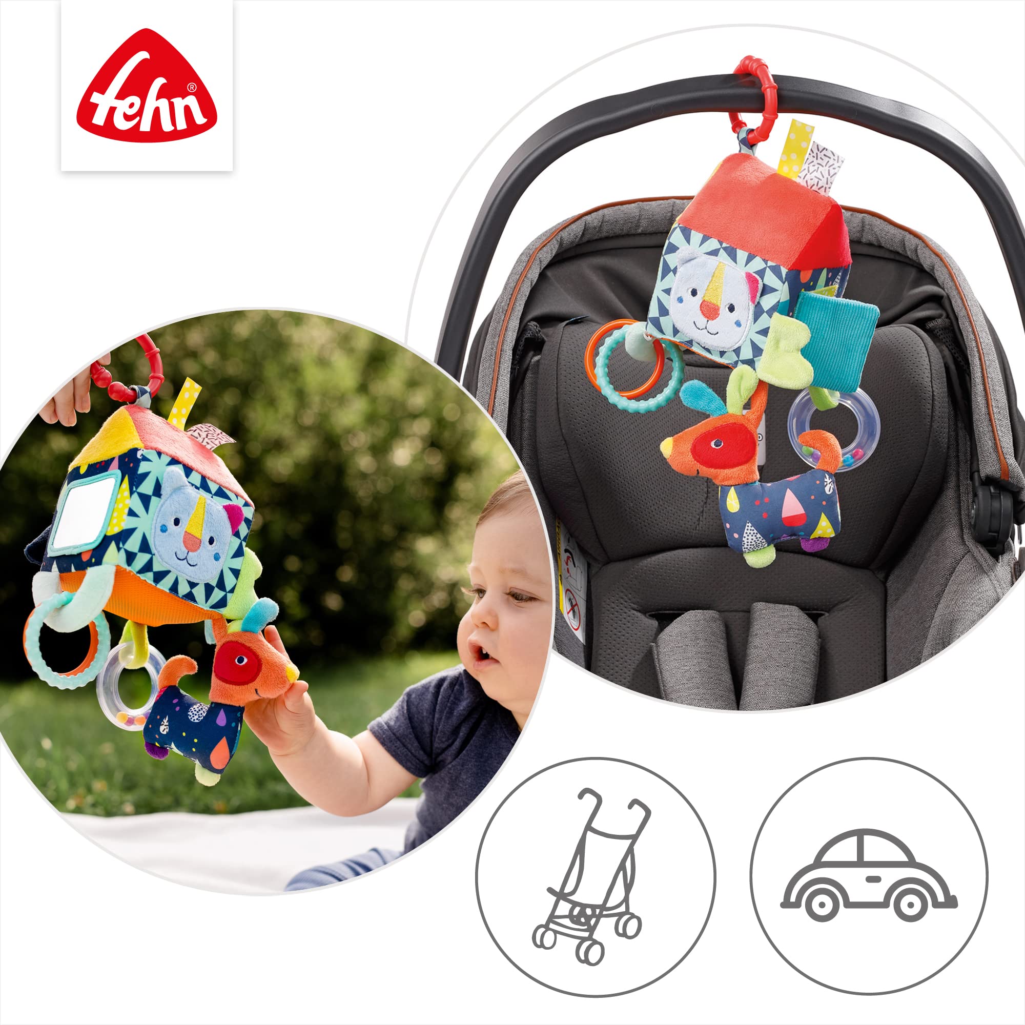 Fehn 055269 Activity Haus COLOR Friends zabawka do zawieszenia dla niemowląt i małych dzieci od 0 miesięcy – wspomaga zmysł dotykowy i motorykę precyzyjną – rozmiar: 13 x 9 x 9 cm, Dom