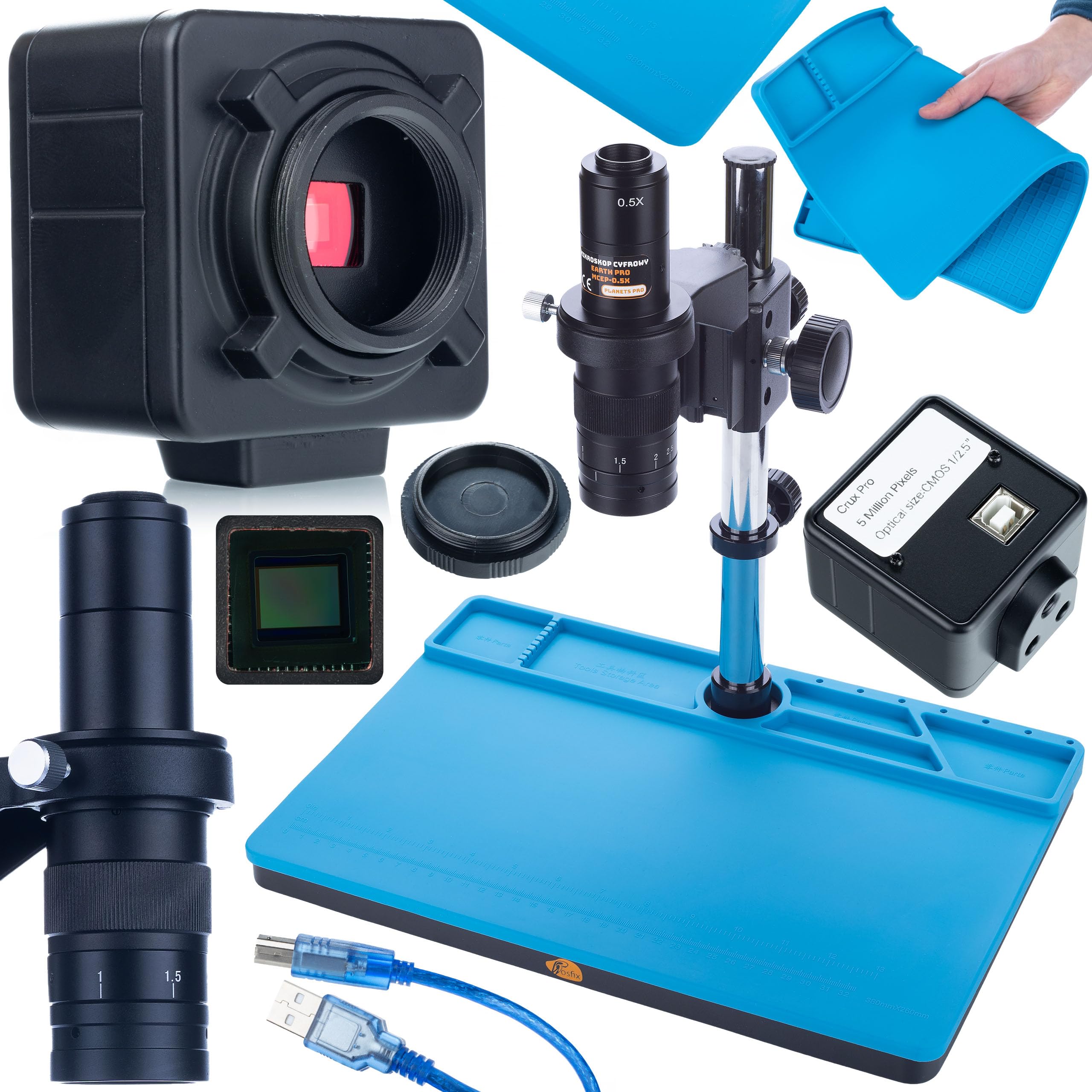 Rosfix Earth Pro MCEP-0.5X - Microscopio digital con cámara Crux PRO 5MP HDMI USB y alfombrilla de silicona 380 × 260 mm | zoom 7-45x | C-Mount | para laboratorio, industria, electrónica