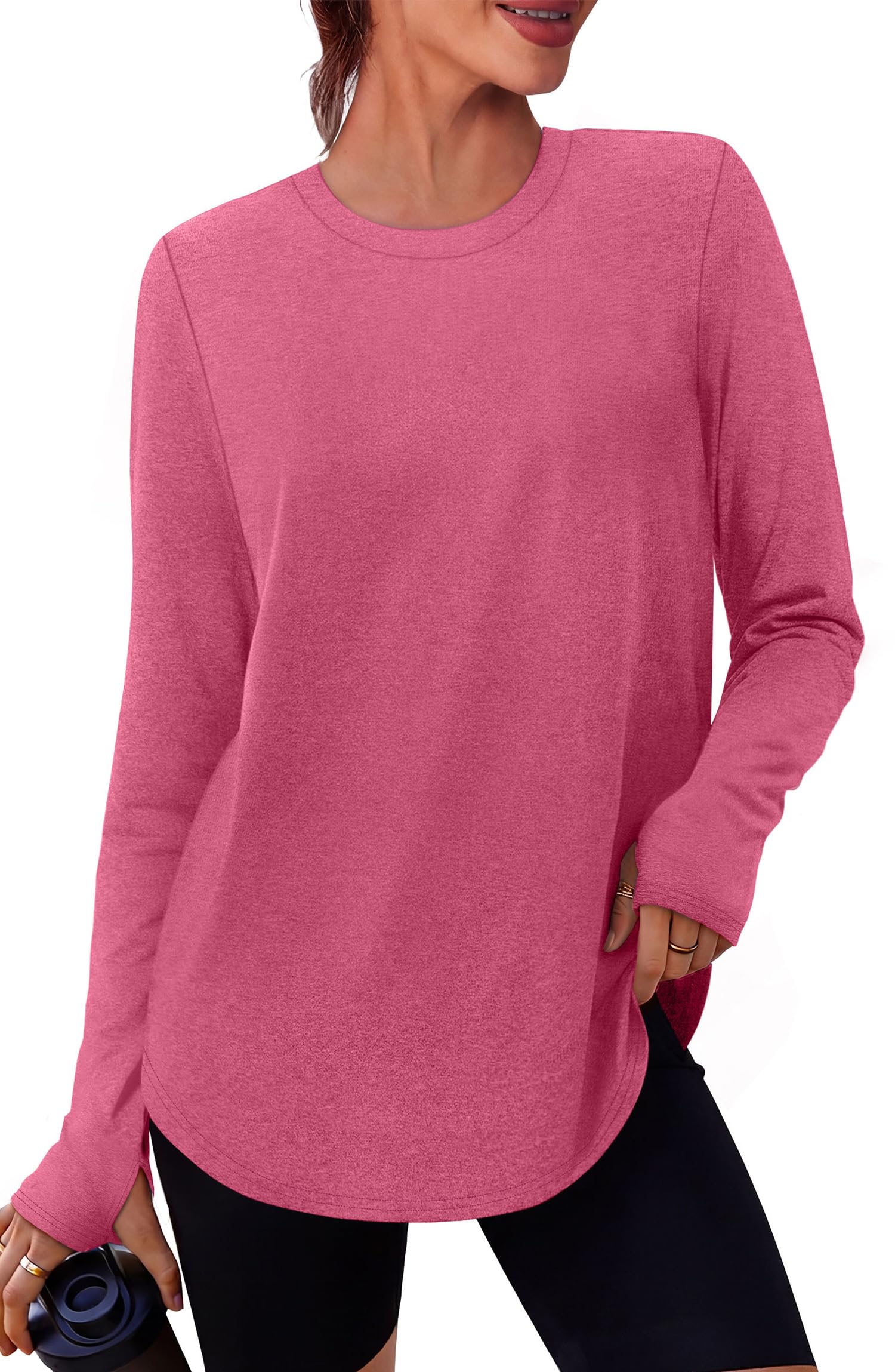 NIASHOT Workout Tops for Women Crewneck Long Sleeve Shirts with Thumb Holes UPF 50+ Sun Shirts for Hiking Running Gym Clothes — view 9
