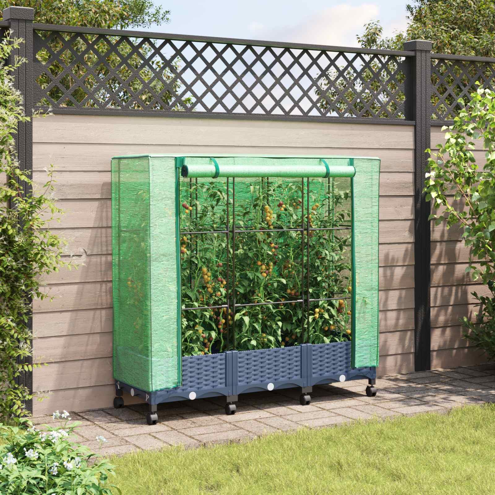 Gartenplanter mit Gewächshausabdeckung und Rädern 3 stk. PP Rattanoptik