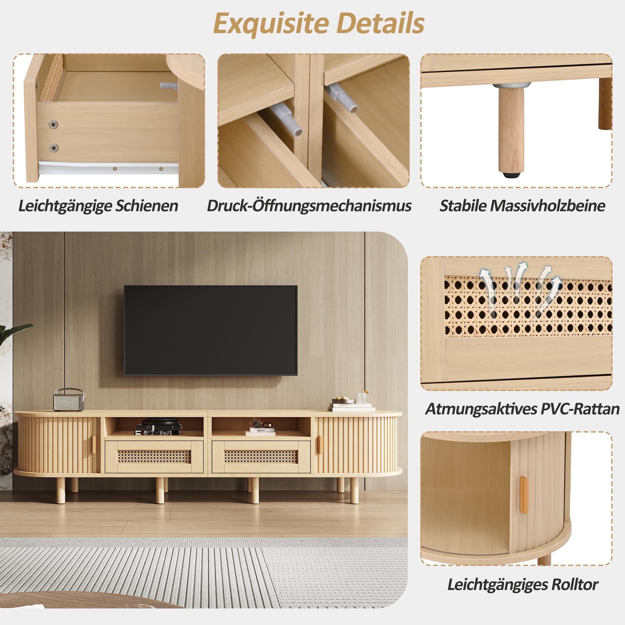 Merax TV Schrank Ovaler in Holzfarbe, Lowboard Fernsehtisch mit 2 Schiebetüren, 2 Rattan-Schubladen, TV-Regal für Fernseher bis zu 70 Zoll, Landhausstil Sideboard Fernsehschrank für Wohnzimmer, 170cm