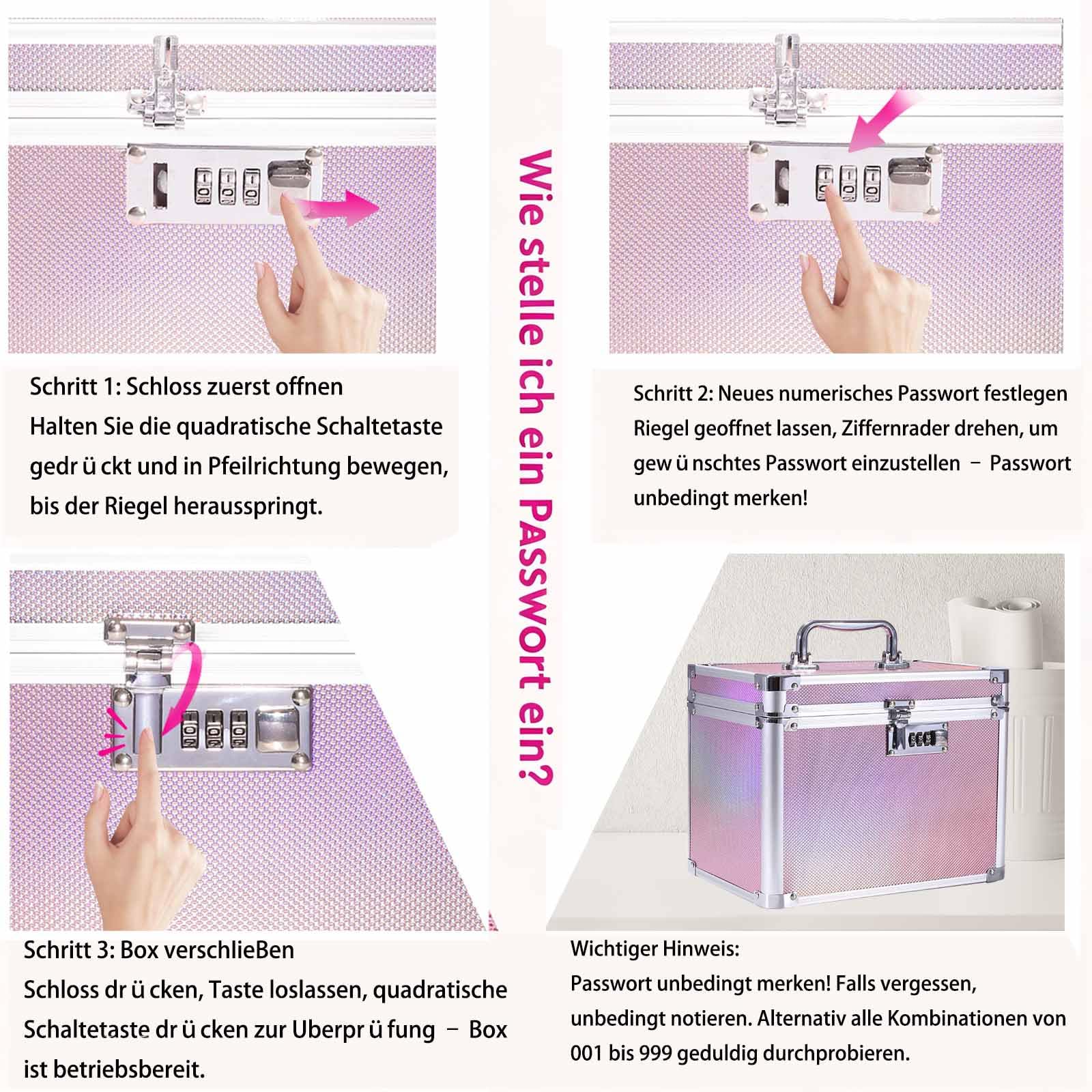 Aufbewahrungsbox mit Zahlenschloss, Abschließbare, Aluminium-Rahmen, 26x18x20 cm, für Medikamente, Dokumente und Wertsachen, Tresor Kinder (Holografik-Pink)