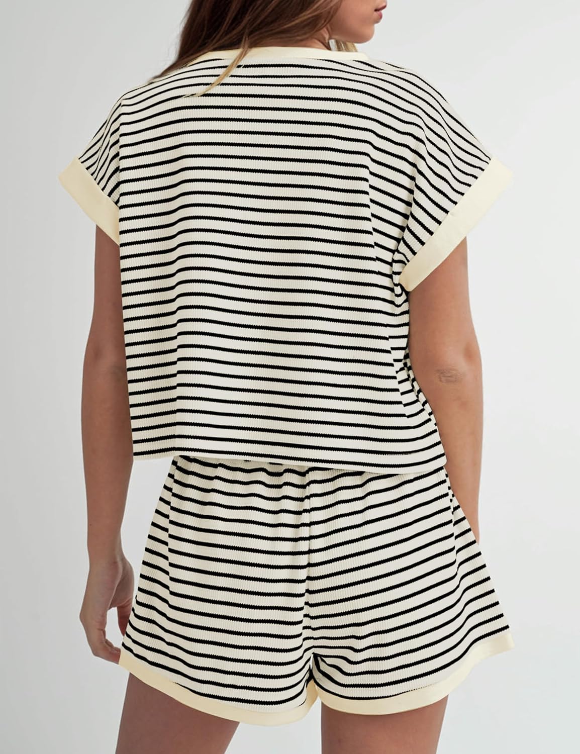 MISSACTIVER 2 Piece Lounge Set Women Stripe Knit Short Sleeve Tee Shirts Shorts Casual Summer Loungewear Shorts Sets - Image 2