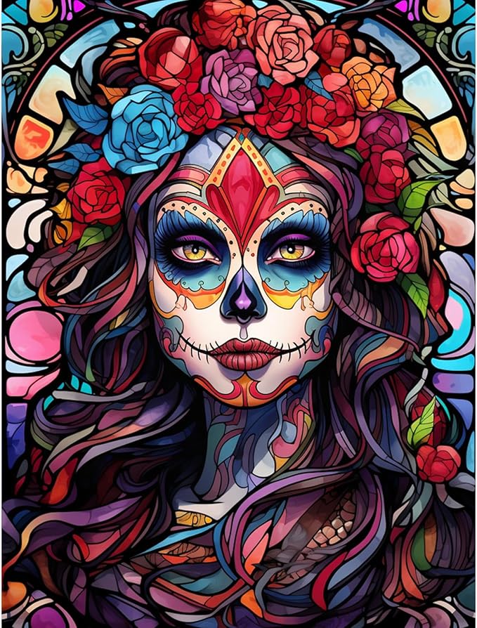 Sugar Skull Girl Diamond Painting DIY 5D, Numbering Kit,Red Rose Flowers Artwork/Pictures Mexico Day of The Dead Wall Art Crystal Rhinestone Embroidery Painting Home Decor Adults Gift(12''Wx 16''H)