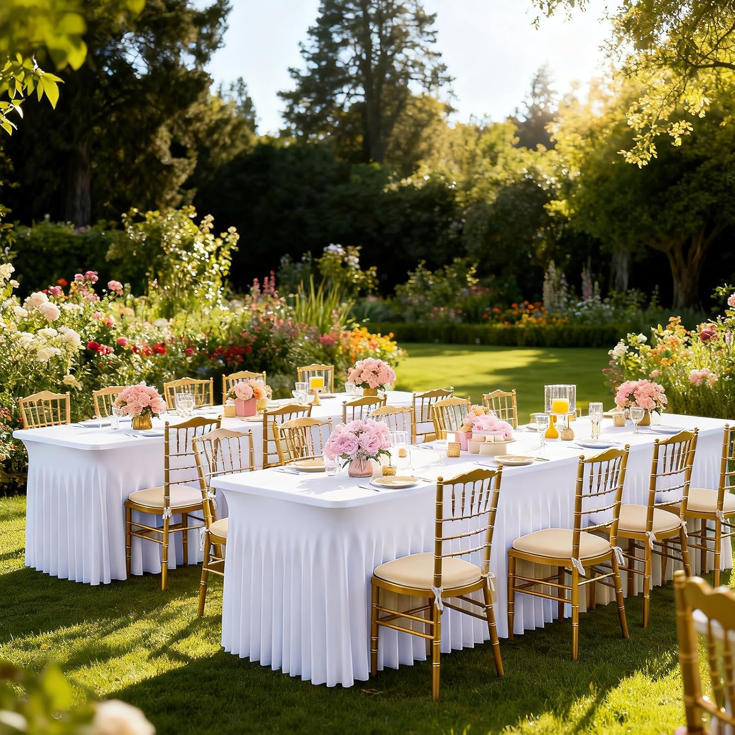 2er Set Tischrock Weiß 183 x 76 cm (6ft) Stretch Spandex Tischhusse rechteckig - Faltenrock Tischdecke & Skirting für Hochzeit Party Buffet Gastronomie - Tischverkleidung Bügelfrei & Waschbar