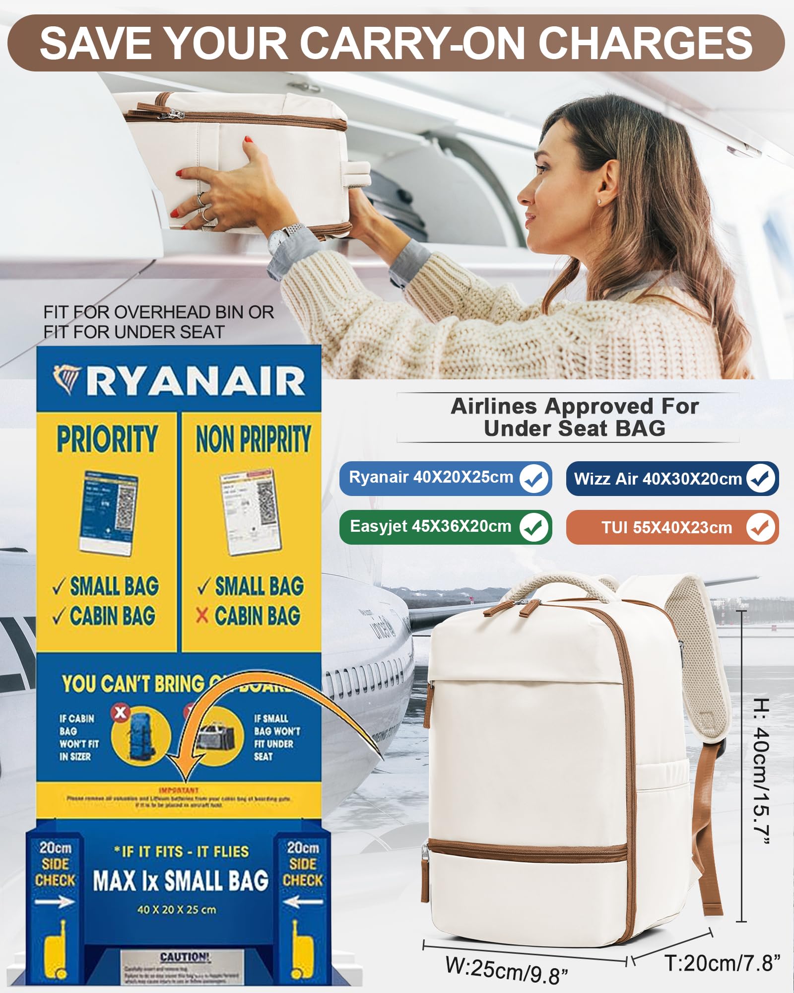 Zaino da Viaggio per Ryanair 40x20x25 Bagaglio a Mano Zaino Borse da Cabina per Ryanair Il Sedile Zaino Aereo Bagaglio a Mano Donna Borsa Cabina Viaggio Zaino Viaggio Casual Daypack,L4-Marrone beige
