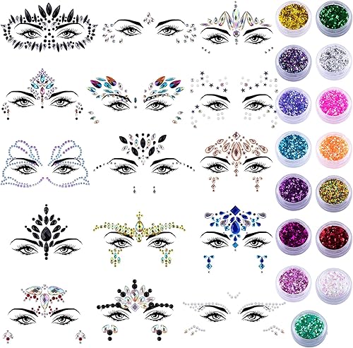 Miniatura 1 de Duufin 15 juegos de joyas para la cara, gemas para la cara, diamantes de imitación, con 15 frascos de purpurina gruesa para la cara para rave,