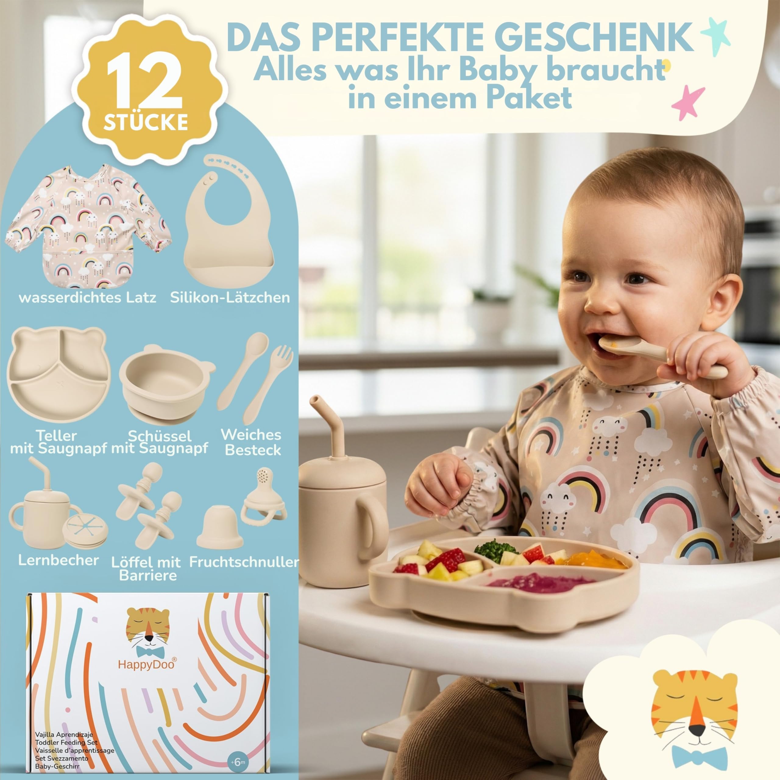 Baby Geschirrset aus Silikon 12-teilig | mit Teller mit Saugnapf, Schüssel, Becher, Besteck, wasserdichten Lätzchen und Fruchtsauger | BPA-frei | mikrowellen- und spülmaschinengeeignet