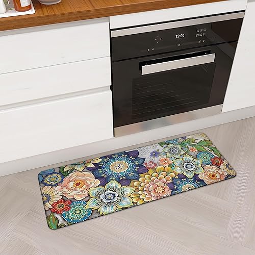 Miniatura 23 de Alfombras de cocina bohemias florales para suelo, 2 piezas de espuma viscoelástica, acolchadas, antifatiga, antideslizantes, acolchadas, cómodas