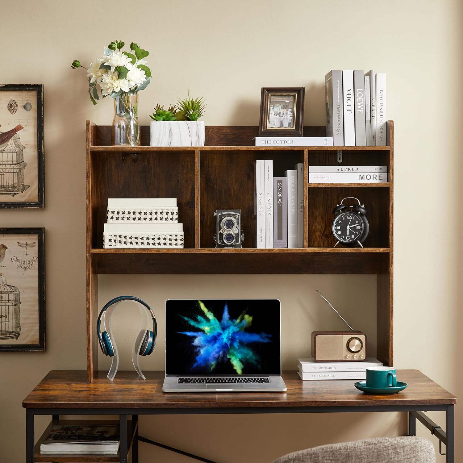 Nromant Desktop Bookshelf, Wooden Desk Storage Hutch with 6 Shelves for Computer Desk, 3-Tier Desktop Display Organizer Rack for Office Home (Brown)