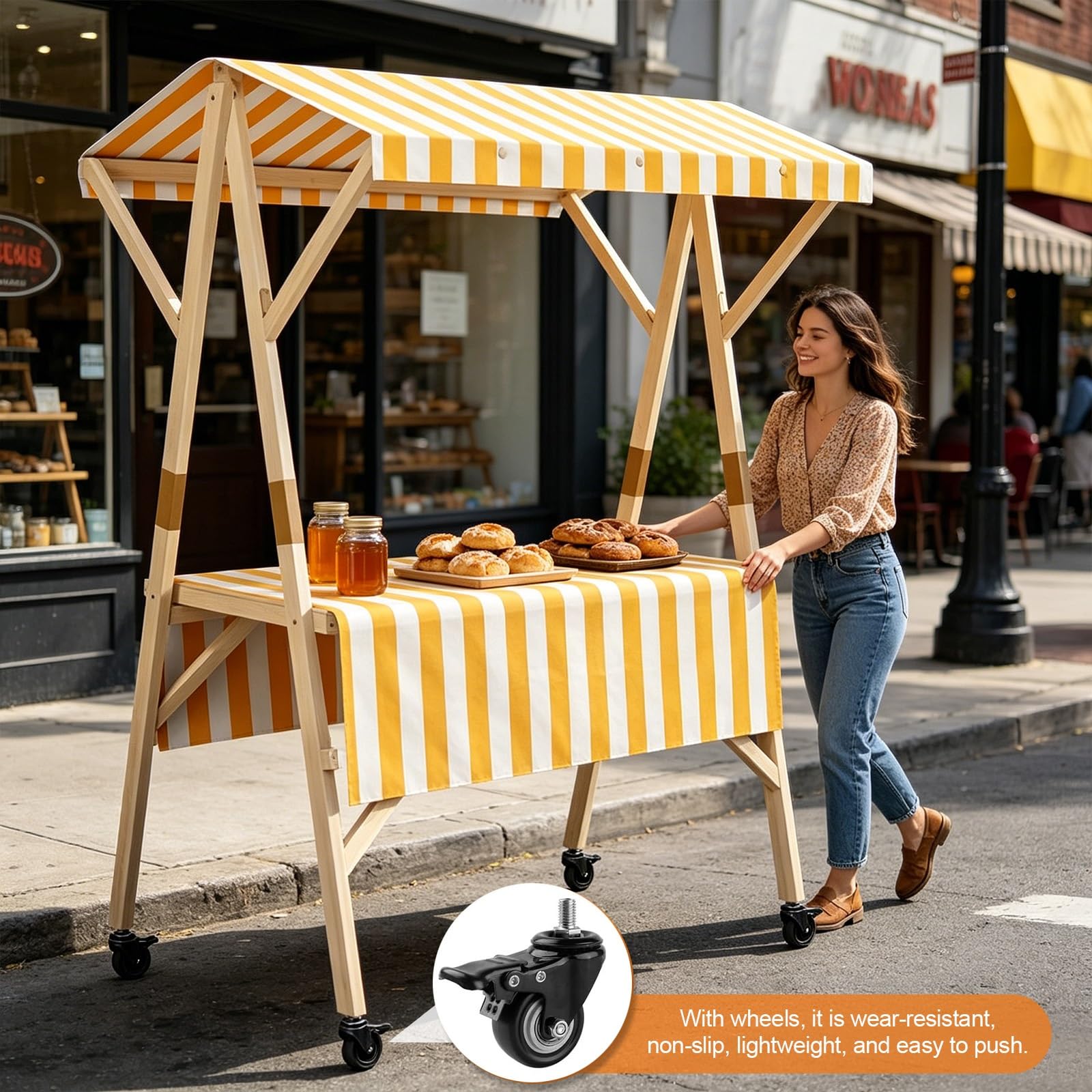 Stand Marché Chariot Pliable, Étal de Marché en Bois avec auvent, Kiosque Mobile Portable pour la Restauration de Rue, Stand de Marchés Commercial(Red A,120cm/47.2in)