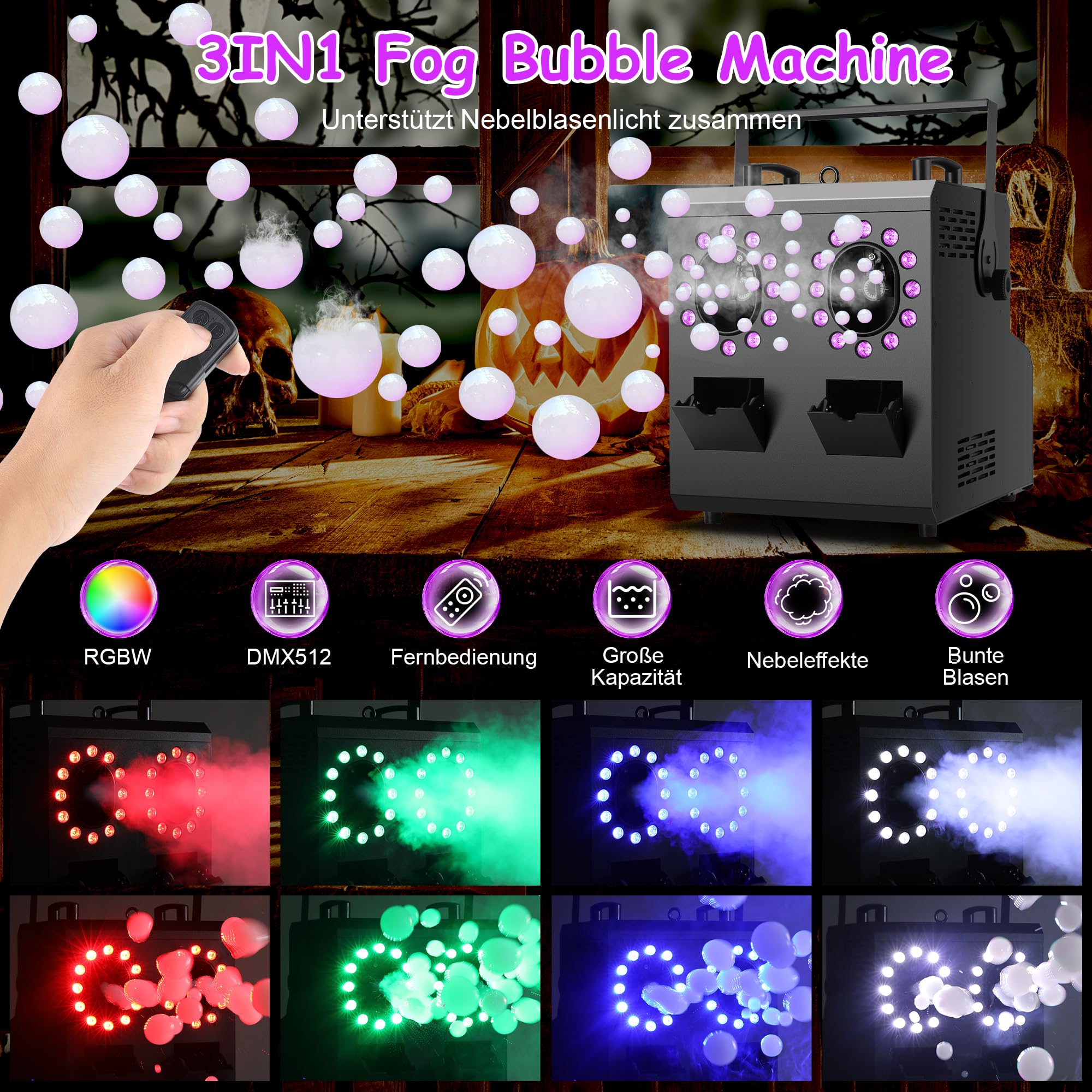 Telbum Nebelmaschine mit Fernbedienung,1500W 24LED RGBW 3IN1 Nebelblasenmaschine DMX,Rauchmaschine mit Blasen,Fog Bubble Machine,Seifenblasenmaschine,Rauchblasenmaschine für Party DJ Bühne Hochzeit