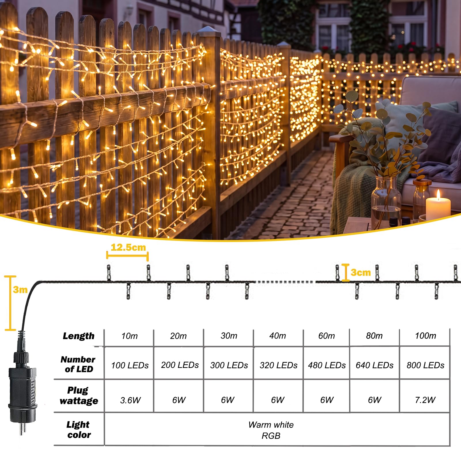 Łańcuch świetlny na zewnątrz, 80 m, 640 diod LED, łańcuch świetlny LED z wtyczką, 6/18 timerów, 8 trybów, wodoszczelność IP44, łańcuch świetlny na balkon, kemping, Halloween, do ogrodu, ciepła