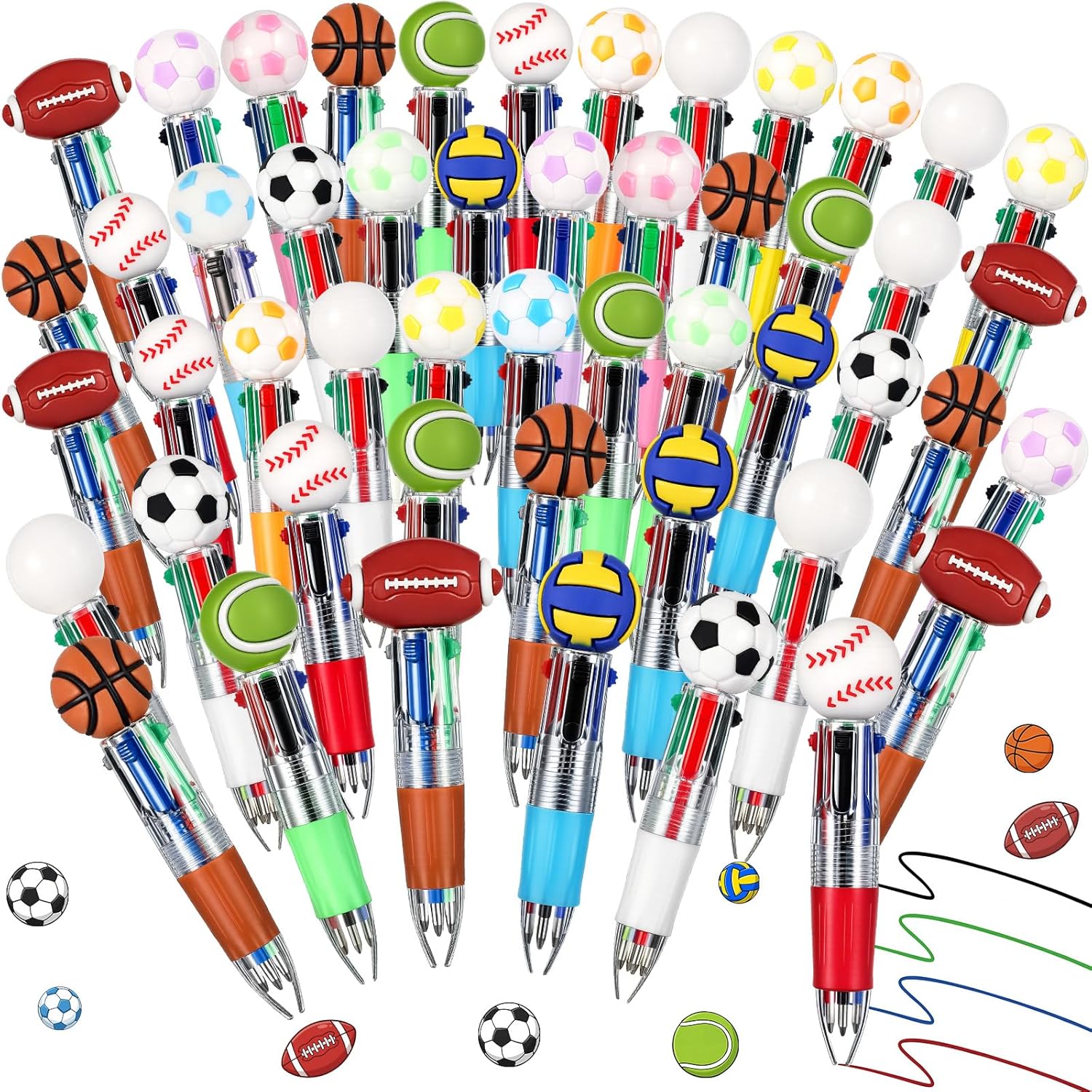 Crtiin 50 Pcs Mini Multicolor Pens in One 4-in-1 Fun Cool sport Pens Bulk Favors Sport Ballpoint Pen for Sports Lover Novelty Gifts Assorted Ink Office Supplies Goodie Bags Stuffers