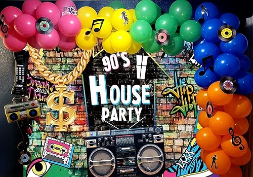 Miniatura 5 de Telón de fondo de fiesta en casa de los años 90 para sesión de fotos, 10 x 8 pies, diseño de hip pop, diseño de grafiti, pared de los años 90