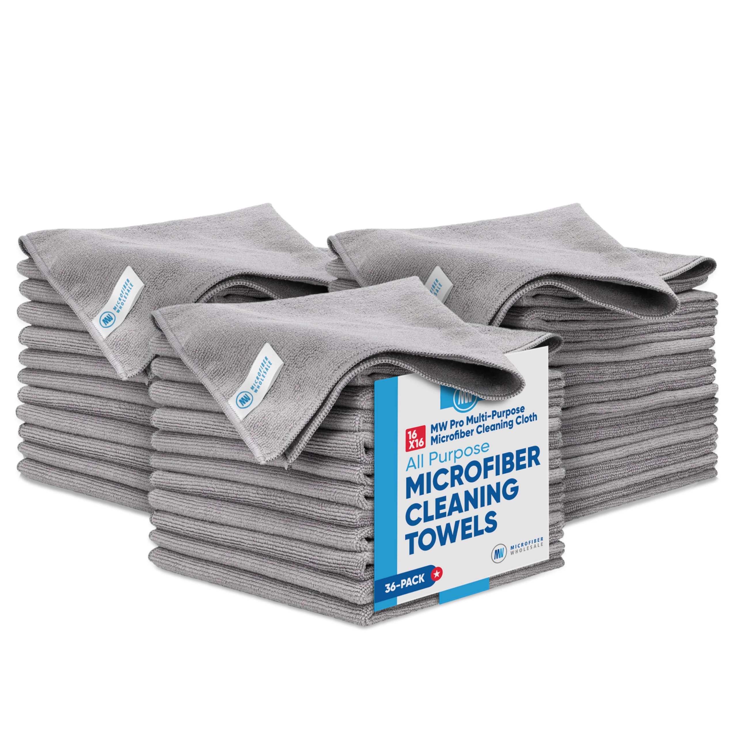 MW Pro Microfiber Cleaning Cloth | Gray | 36 Pack | 16” x 16” | All Purpose Microfiber Towels - Clean, Dust, Polish, Scrub, Absorbent