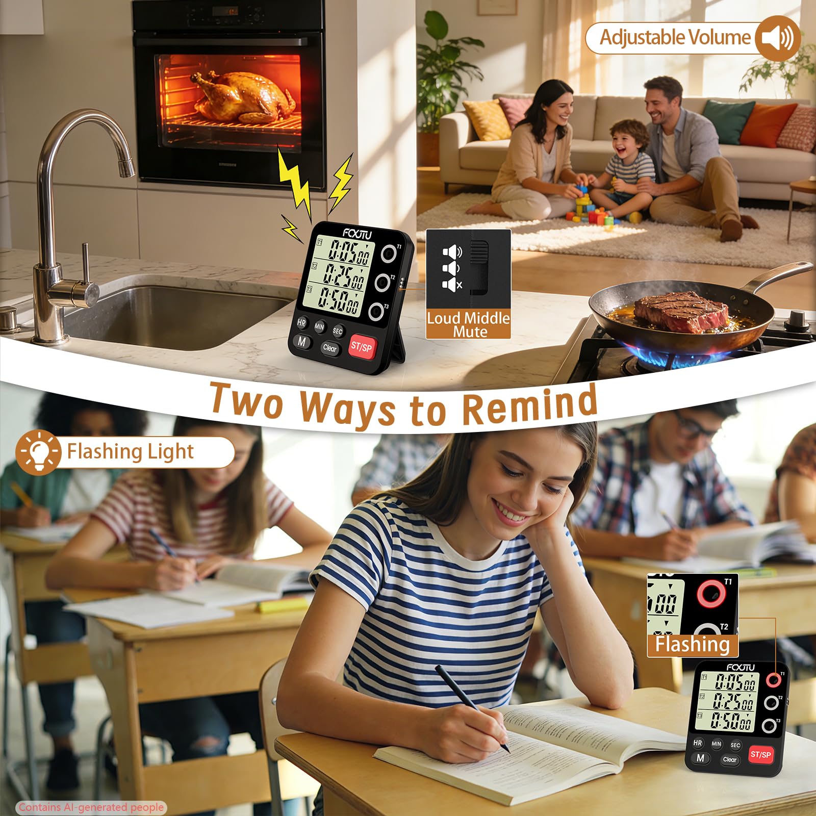 Temporizador digital dual triple de cocina, temporizador magnético de cuenta regresiva de 3 canales para cocinar, cronómetro de pantalla grande, temporizador de aula, alarma fuerte para