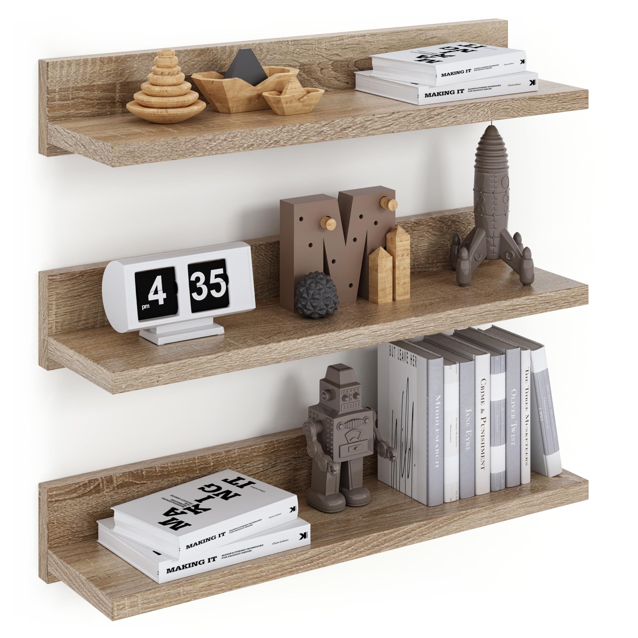 Estante de Pared 39cm, Estantes Flotantes, Estante Montado en la Pared, 3 Estantes Sonoma Montados con Tornillos, Baldas flotantes, Juego de 3 Estantes para Dormitorio, Cocina
