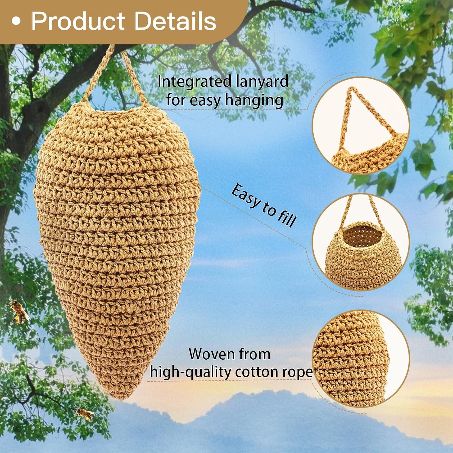 Confezione da 4 esche finte a forma di vespe all'uncinetto, da appendere, per esterni, calabroni all'uncinetto, decorazione per patio, grondaie, frutteti (terra scura)
