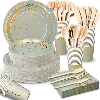 350PCS Green and Gold Party Supplies, Disposable Party Dinnerware Sets with Golden Dot Paper Plates Napkins Cups Cutlery for Baby Shower Wedding Birthday Graduation Party (Gold)