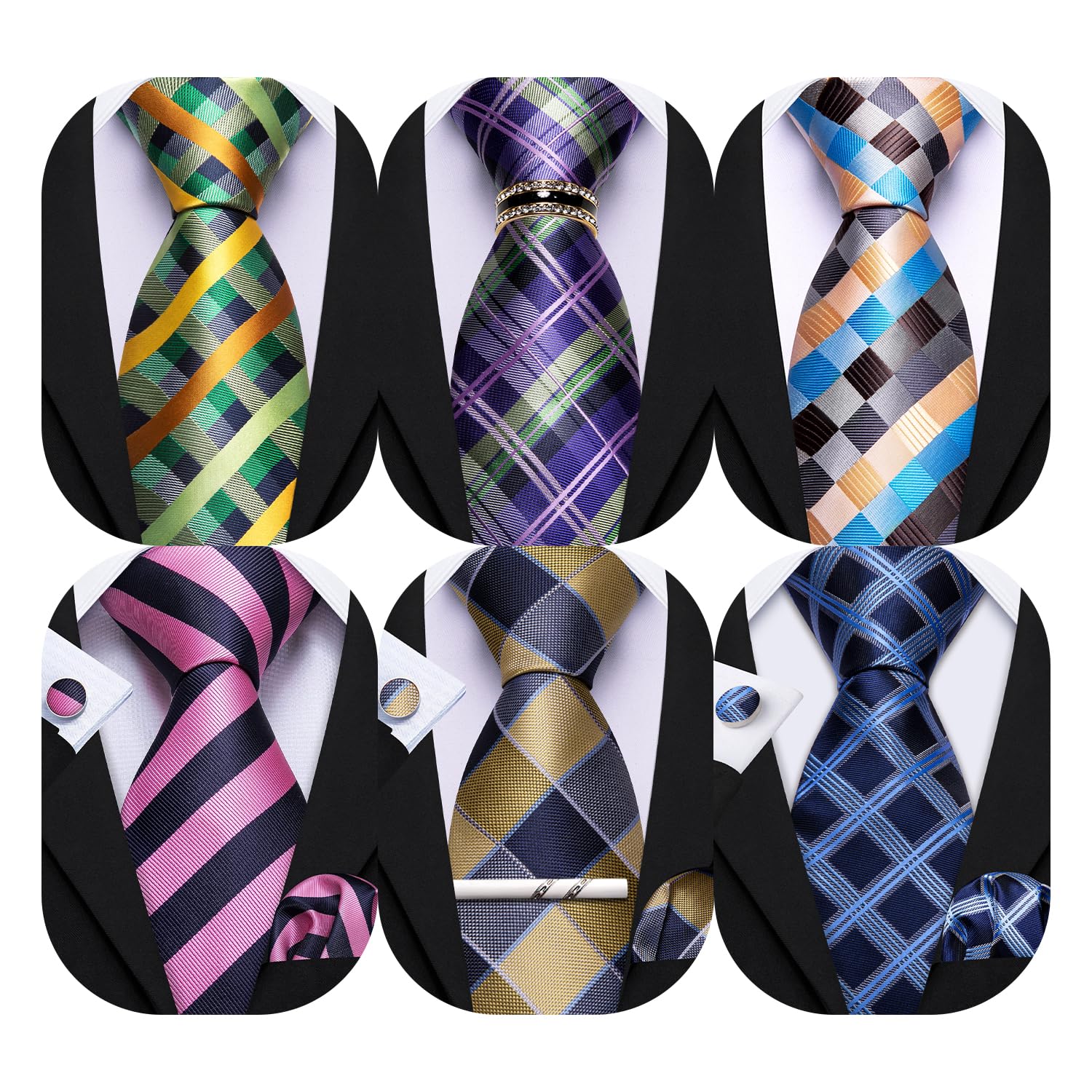 Barry.Wang Men 6PCS Tie Silk Gift Necktie Clip Woven Tie Sets Party