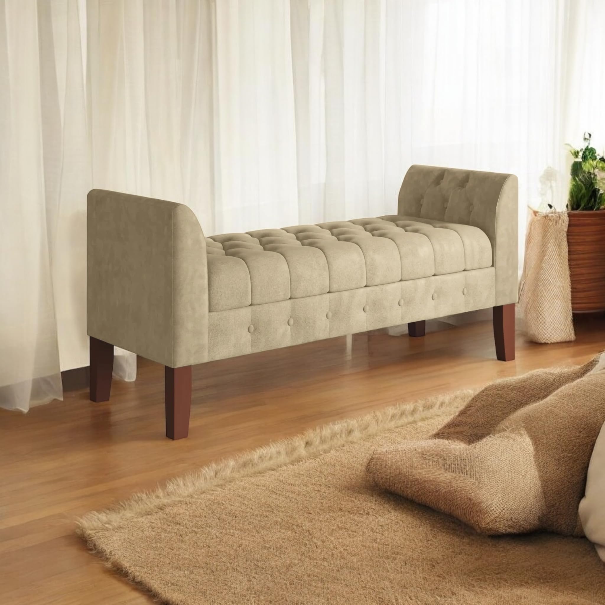 Luxurious Bench Settee with Storage Box 2 Seater for Bedroom, Living, Office | Tufted Chaise Lounge (Beige)-image-4