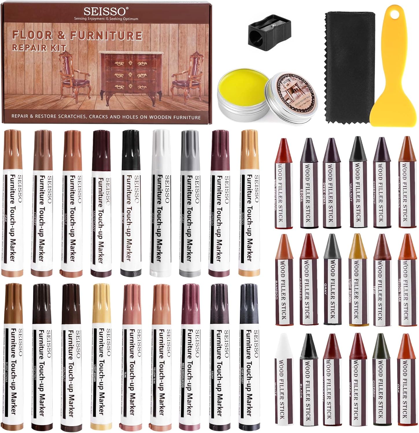 SEISSO Wood Repair Kit, 40 PCs Wood Furniture Repair Kit, Wood Touch Up Markers and Crayons with Polish Wax for Scratches, Stains, Cracks,Holes and Dents, Discoloration for Wooden Surfaces and Floors