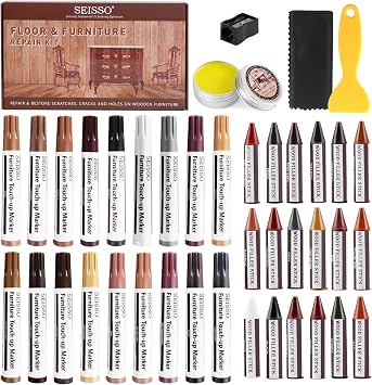 SEISSO Wood Repair Kit, 40 PCs Wood Furniture Repair Kit, Wood Touch Up Markers and Crayons with Polish Wax for Scratches, Stains, Cracks,Holes and Dents, Discoloration for Wooden Surfaces and Floors