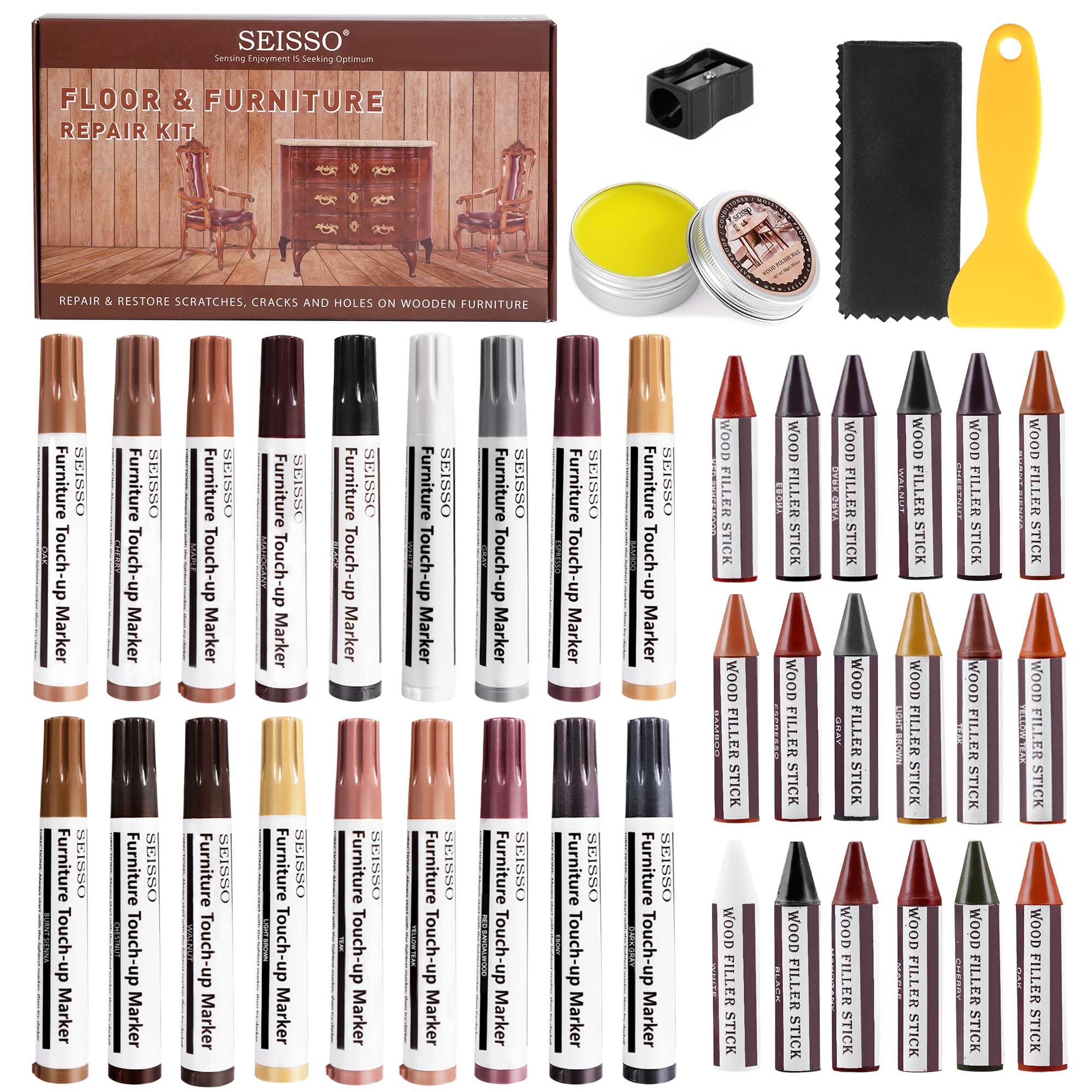 SEISSO Wood Repair Kit, Wood Touch Up Markers and Crayons with Polish Wax